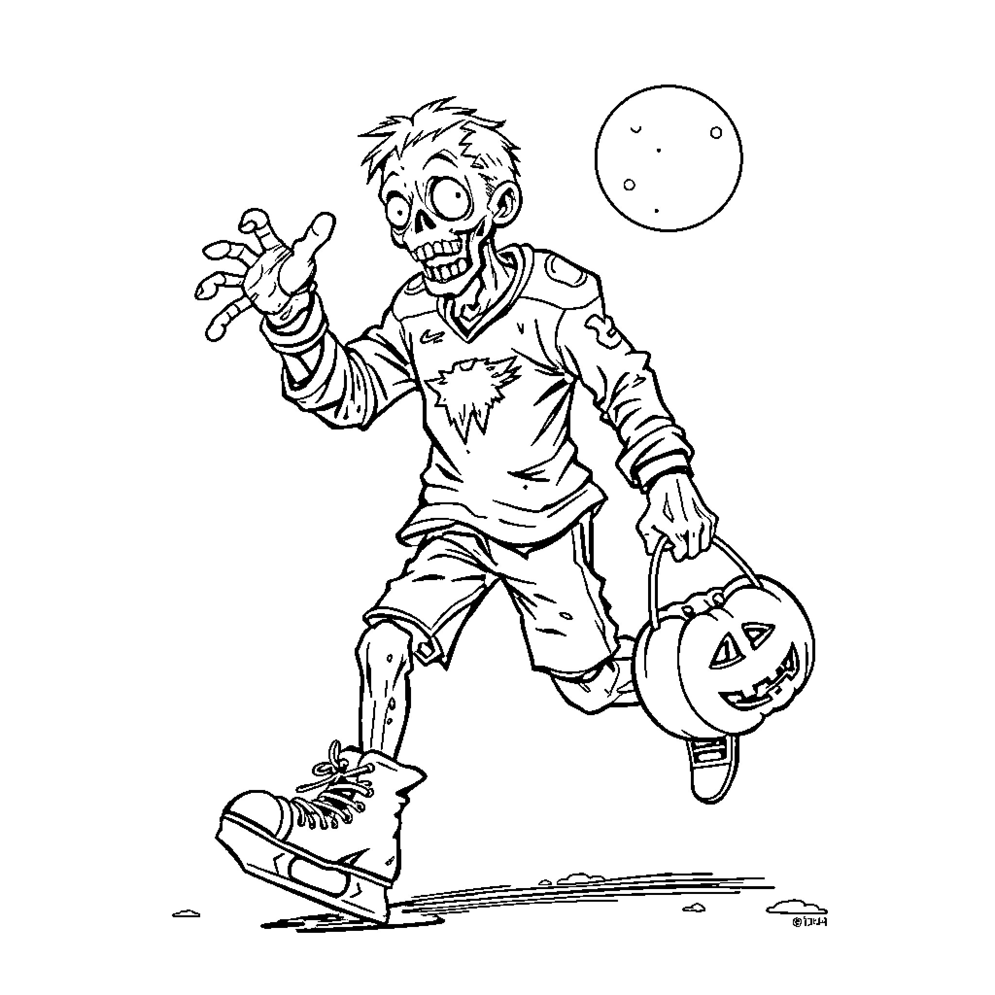 Zombie trick-or-treater in Halloween costume Coloring Page (free black-and-white line drawing printable PDF for all, from beginners to advanced learners, including children, teens, adults, and seniors)