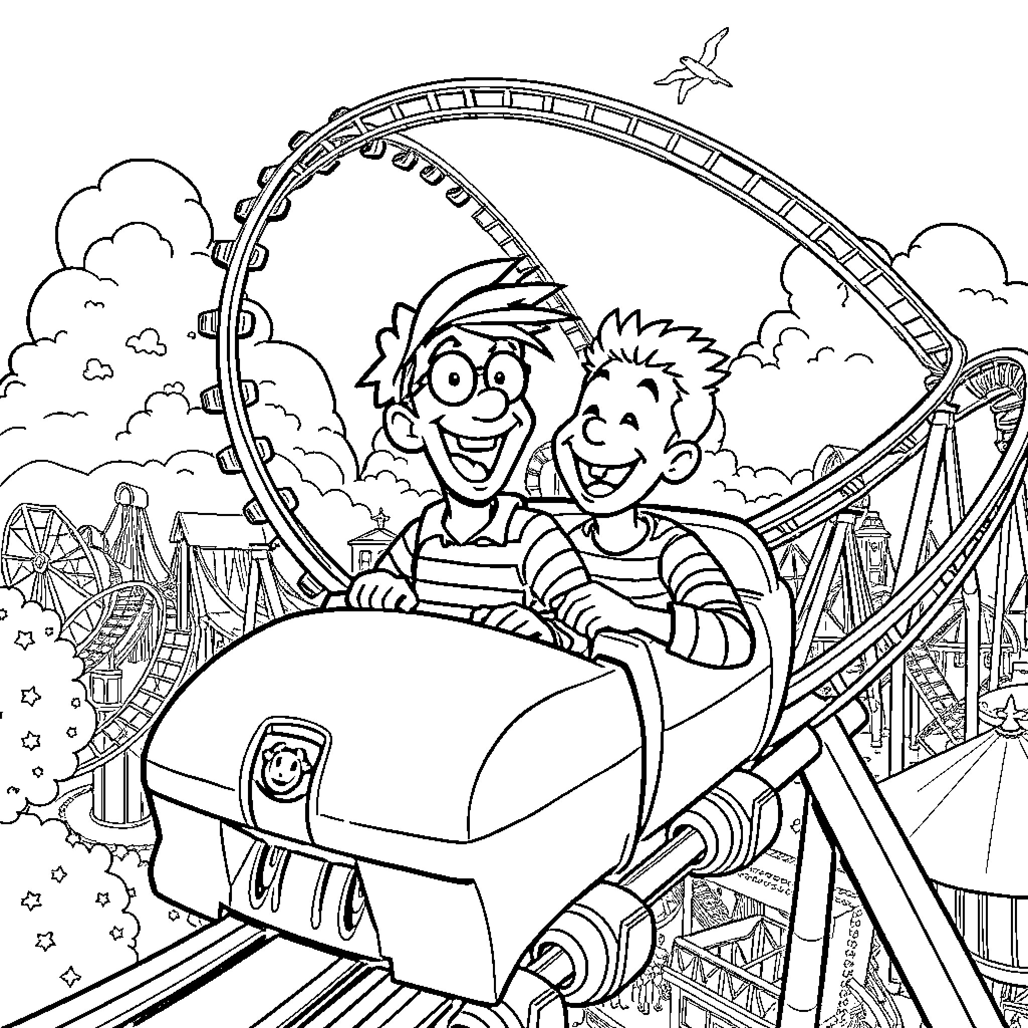 Waldo's Rollercoaster Adventure at the Amusement Park Coloring Page (free black-and-white line drawing printable PDF for all, from beginners to advanced learners, including children, teens, adults, and seniors)