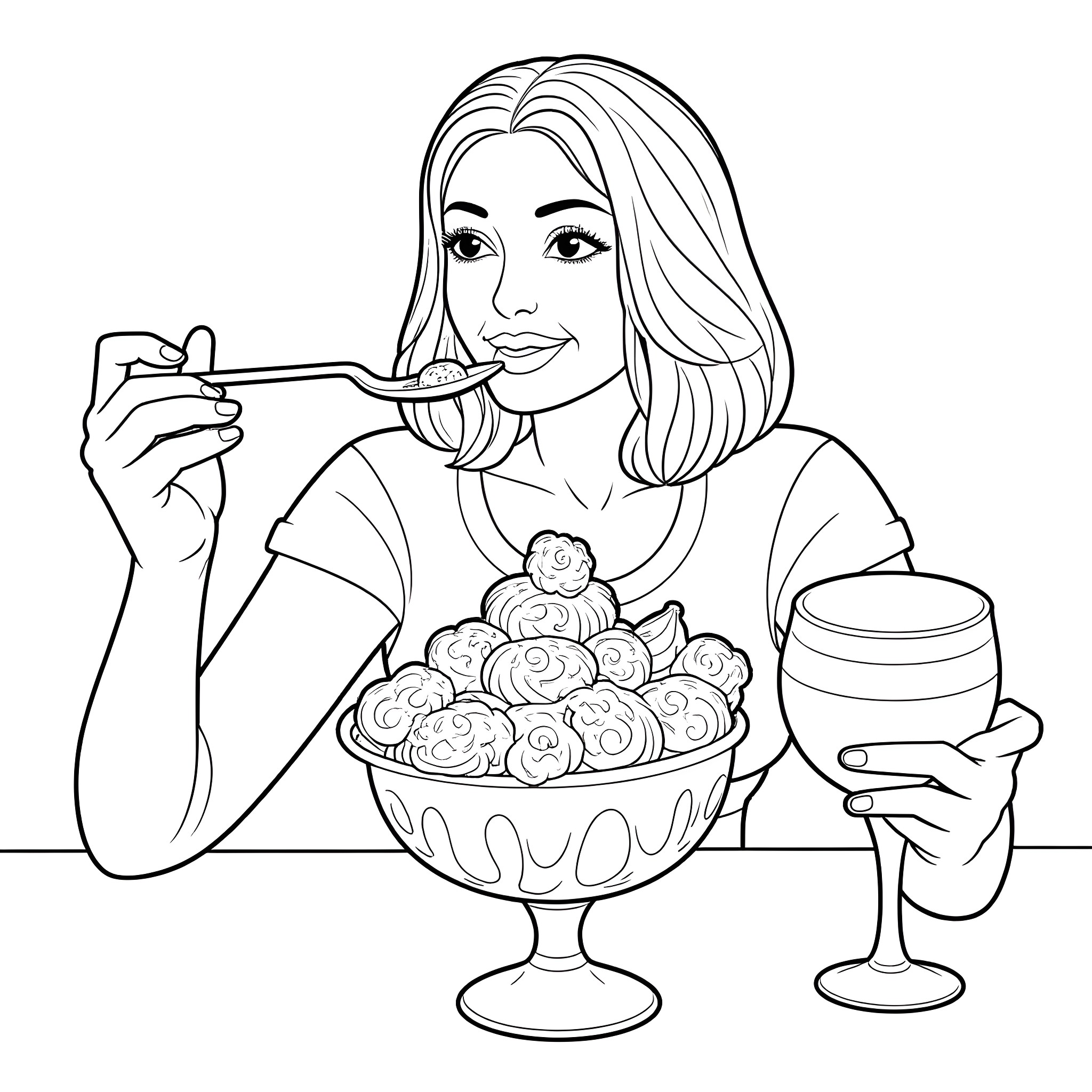 Angela White enjoying a sweet treat Coloring Page (free black-and-white line drawing printable PDF for all, from beginners to advanced learners, including children, teens, adults, and seniors)