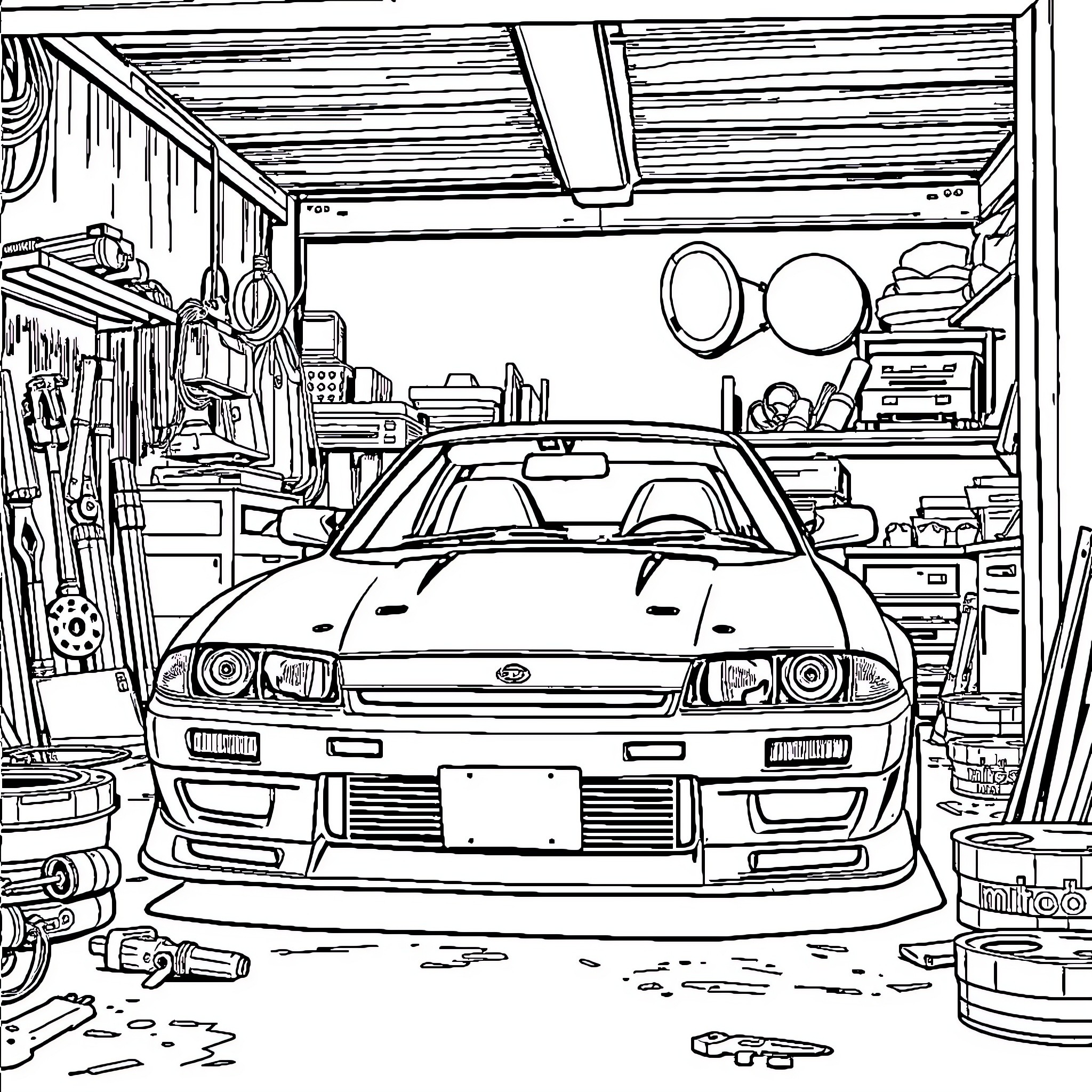 Nissan sports car in a cluttered garage Coloring Page (free black-and-white line drawing printable PDF for all, from beginners to advanced learners, including children, teens, adults, and seniors)