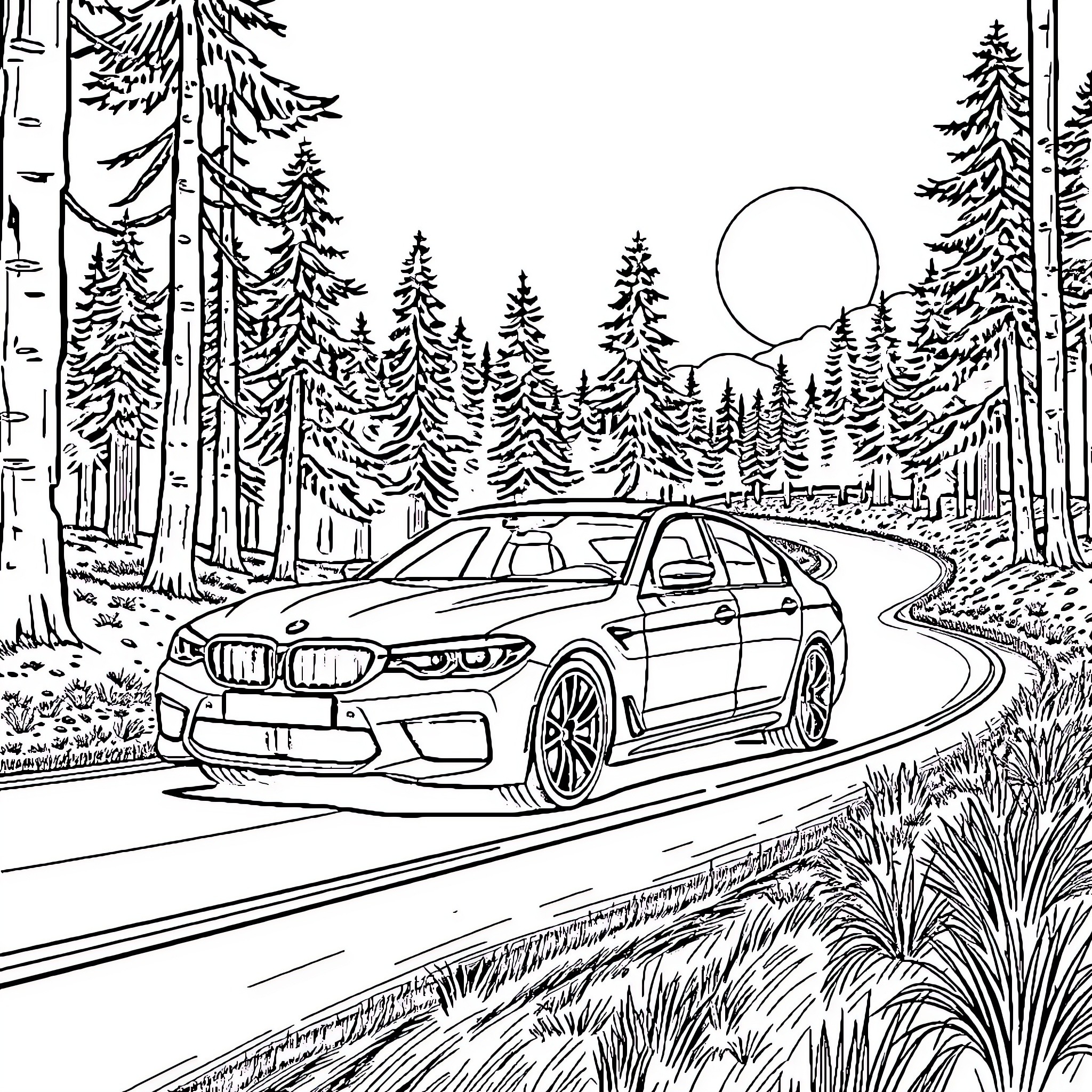 BMW M5 speeding through a scenic forest landscape Coloring Page (free black-and-white line drawing printable PDF for all, from beginners to advanced learners, including children, teens, adults, and seniors)