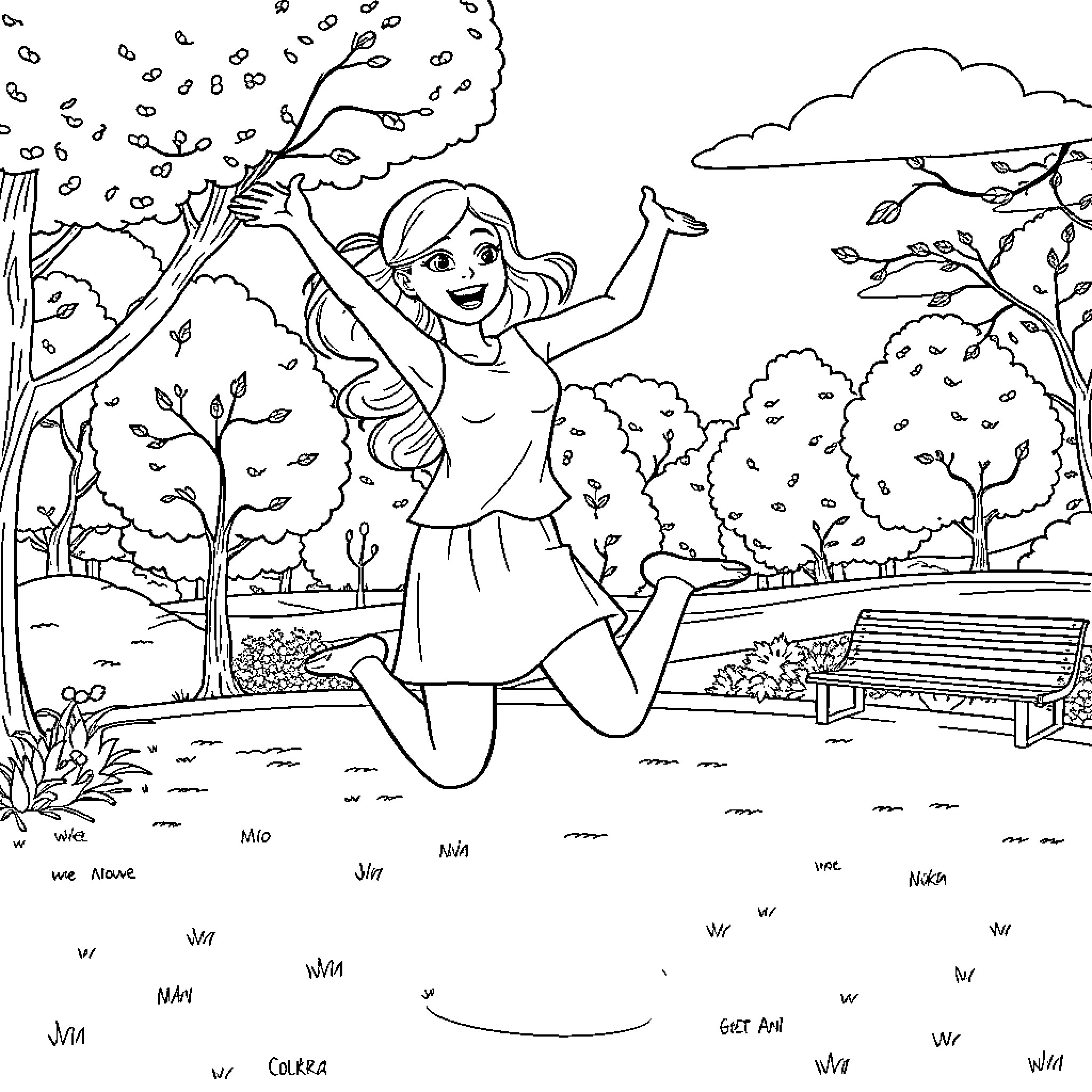 Daphne Blake enjoying a carefree day in the park Coloring Page (free black-and-white line drawing printable PDF for all, from beginners to advanced learners, including children, teens, adults, and seniors)