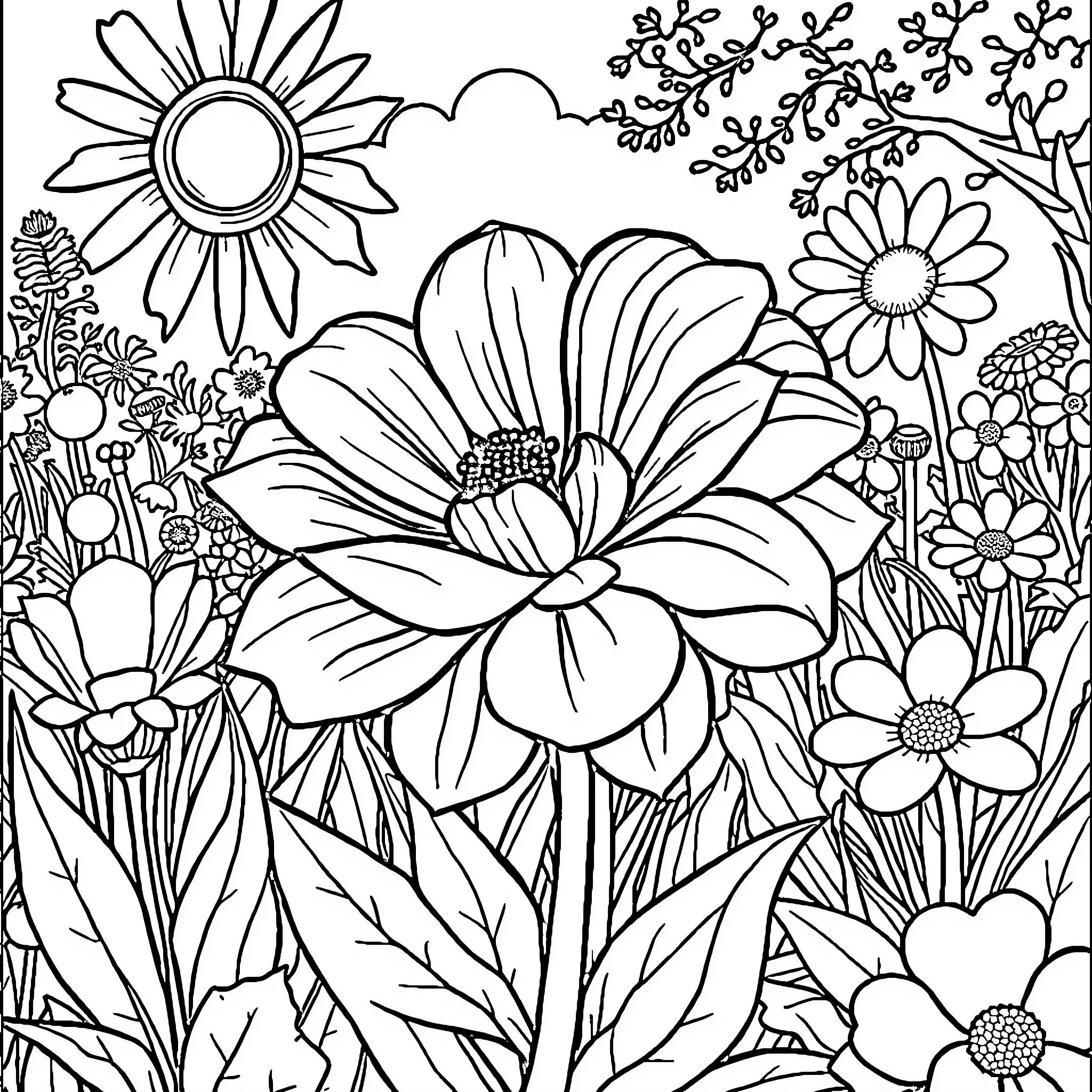 Flower garden with blooming floral arrangements Coloring Page (free black-and-white line drawing printable PDF for all, from beginners to advanced learners, including children, teens, adults, and seniors)