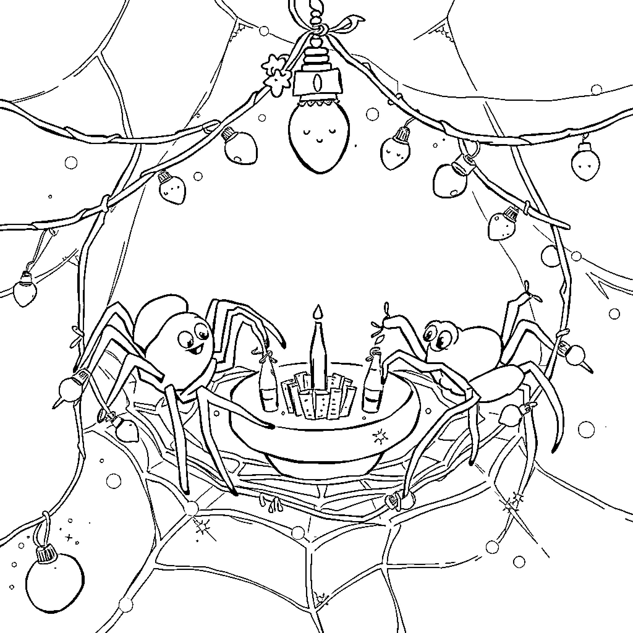 Spider decorating festive web with lights and ornaments Coloring Page (free black-and-white line drawing printable PDF for all, from beginners to advanced learners, including children, teens, adults, and seniors)