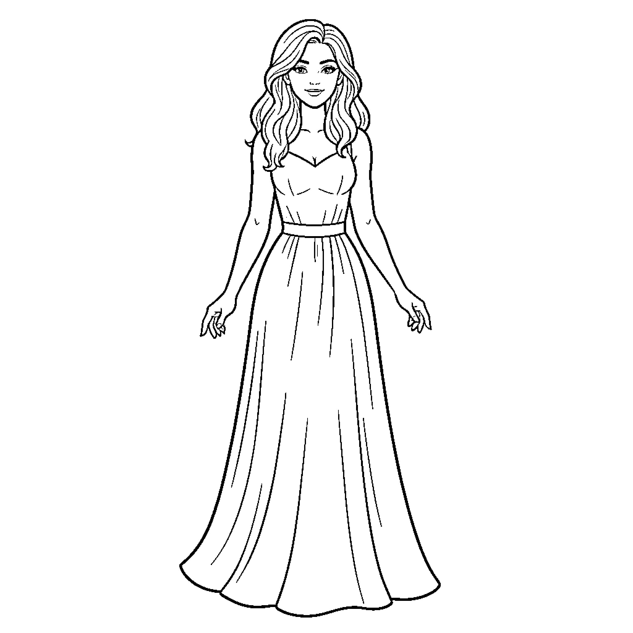 Belle Dame in an elegant flowing gown Coloring Page (free black-and-white line drawing printable PDF for all, from beginners to advanced learners, including children, teens, adults, and seniors)