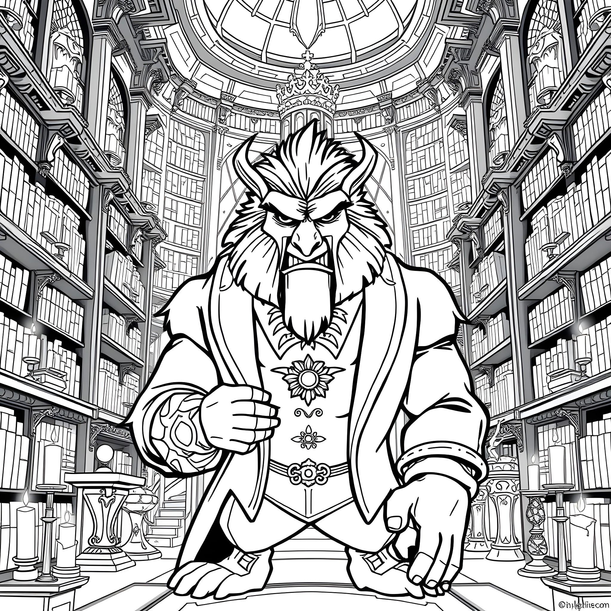 Beast in the Majestic Library Coloring Page (free black-and-white line drawing printable PDF for all, from beginners to advanced learners, including children, teens, adults, and seniors)