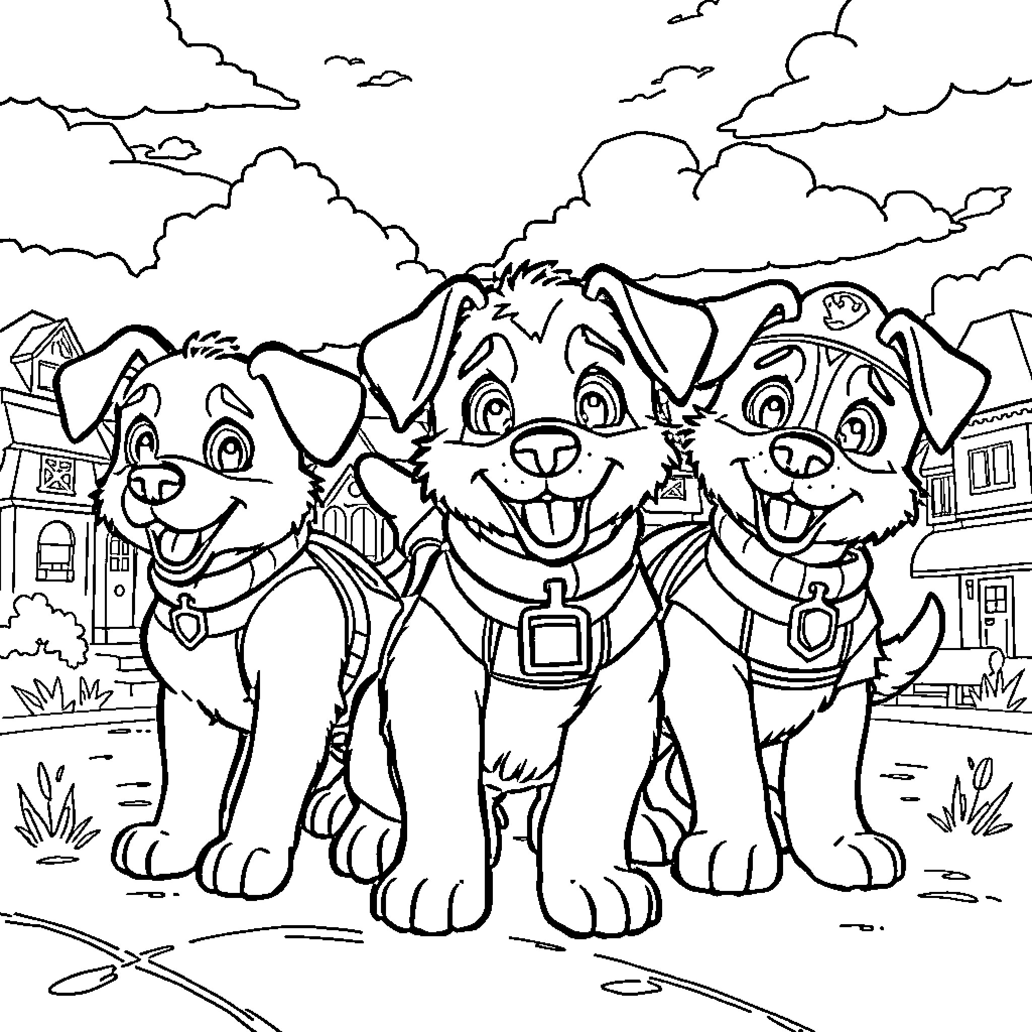 Paw Patrol pups on a mission in the town Coloring Page (free black-and-white line drawing printable PDF for all, from beginners to advanced learners, including children, teens, adults, and seniors)