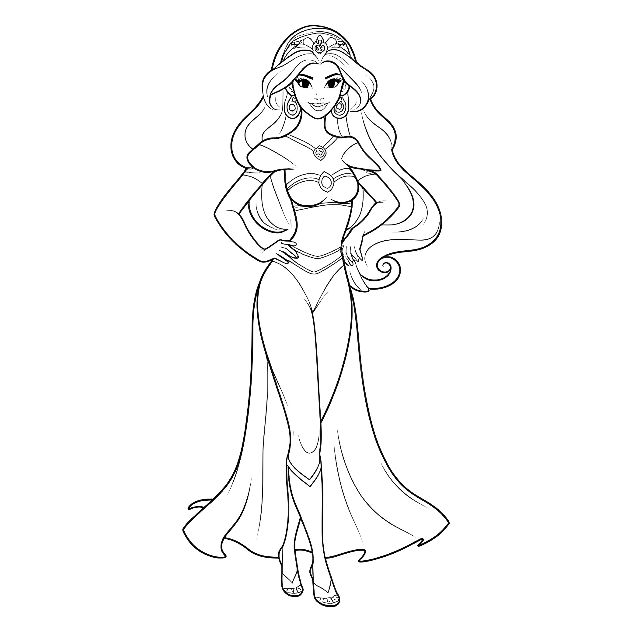 Jasmine in elegant evening gown posing gracefully Coloring Page (free black-and-white line drawing printable PDF for all, from beginners to advanced learners, including children, teens, adults, and seniors)