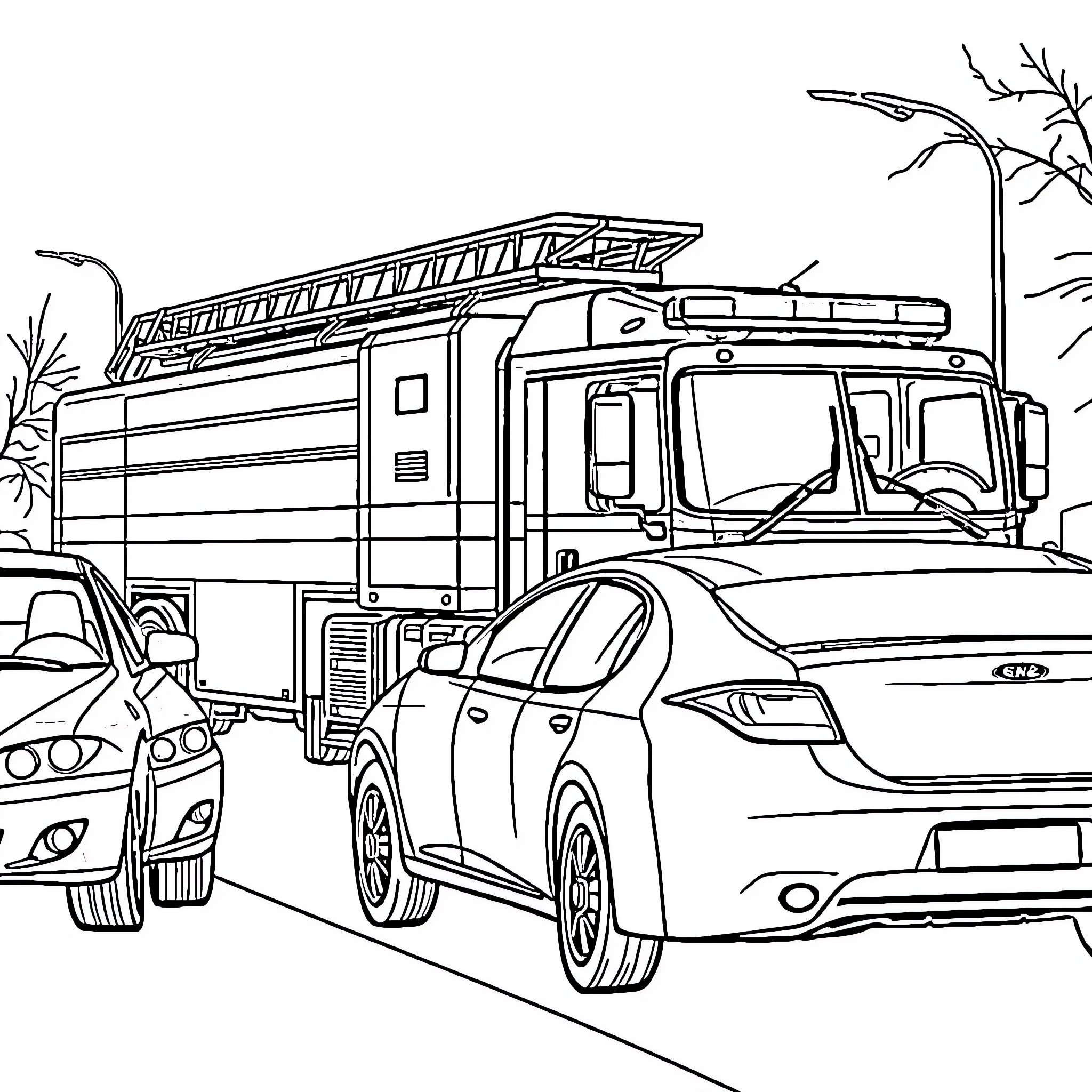 Car Roadside Assistance with Emergency Truck Coloring Page (free black-and-white line drawing printable PDF for all, from beginners to advanced learners, including children, teens, adults, and seniors)