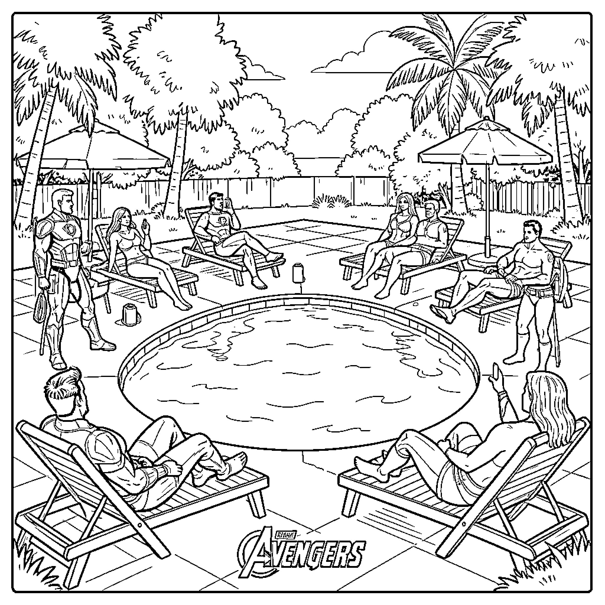 Avenger characters relaxing by a pool in tropical setting Coloring Page (free black-and-white line drawing printable PDF for all, from beginners to advanced learners, including children, teens, adults, and seniors)