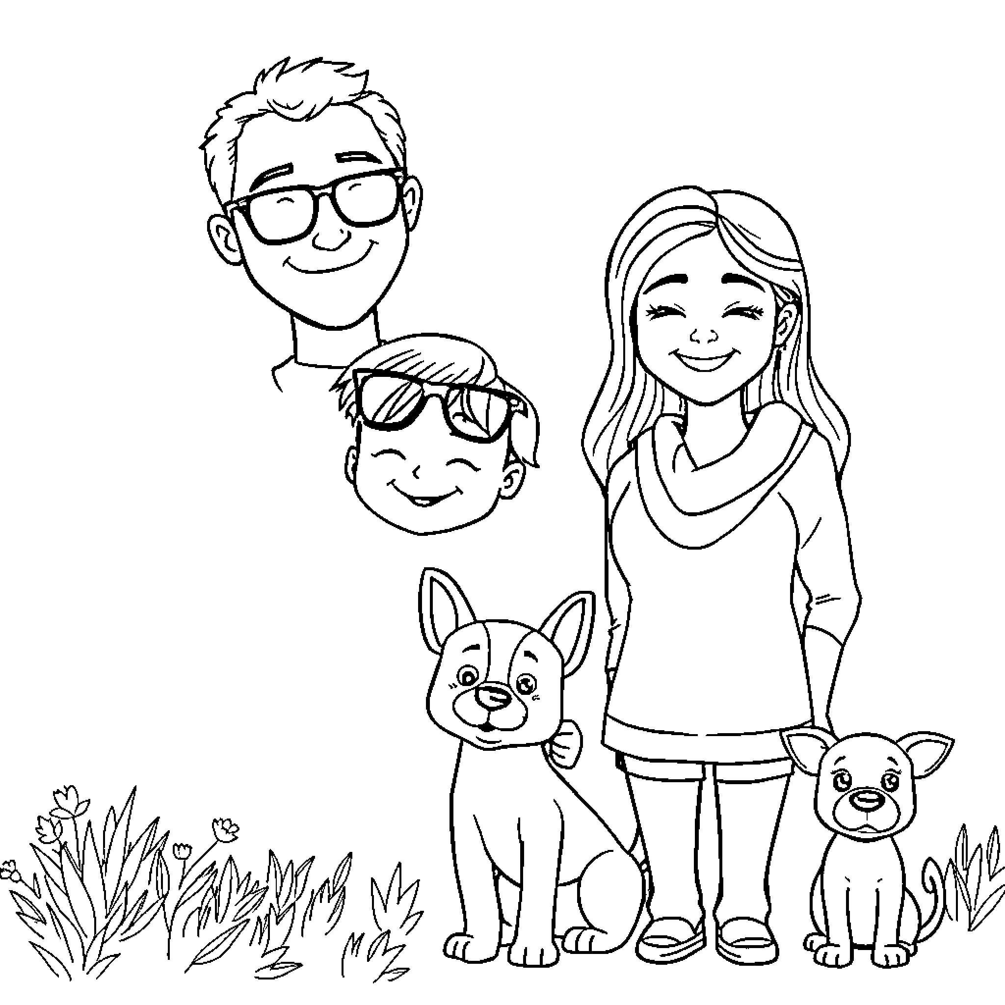 Family Enjoying Outdoor Adventure with Pets Coloring Page (free black-and-white line drawing printable PDF for all, from beginners to advanced learners, including children, teens, adults, and seniors)