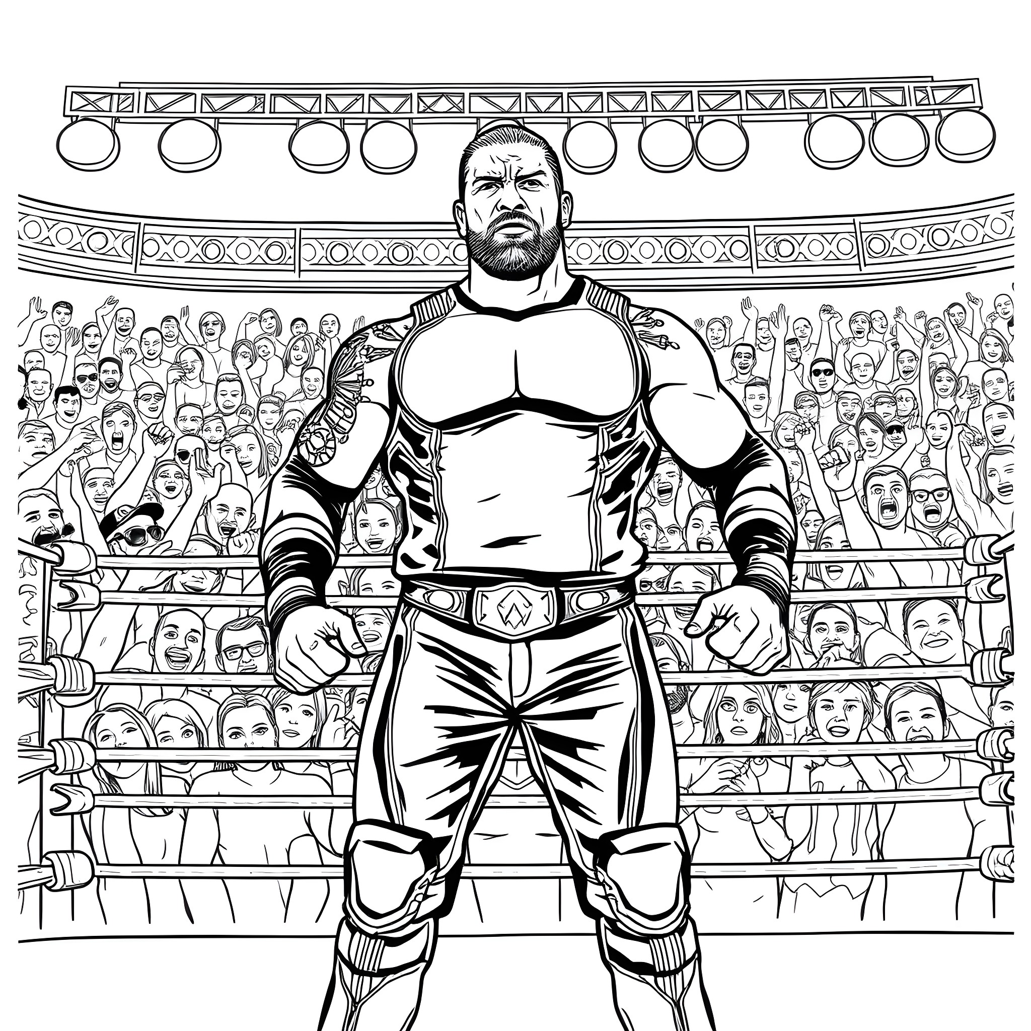 Randy Orton's Powerful Presence in the Wrestling Ring Coloring Page (free black-and-white line drawing printable PDF for all, from beginners to advanced learners, including children, teens, adults, and seniors)