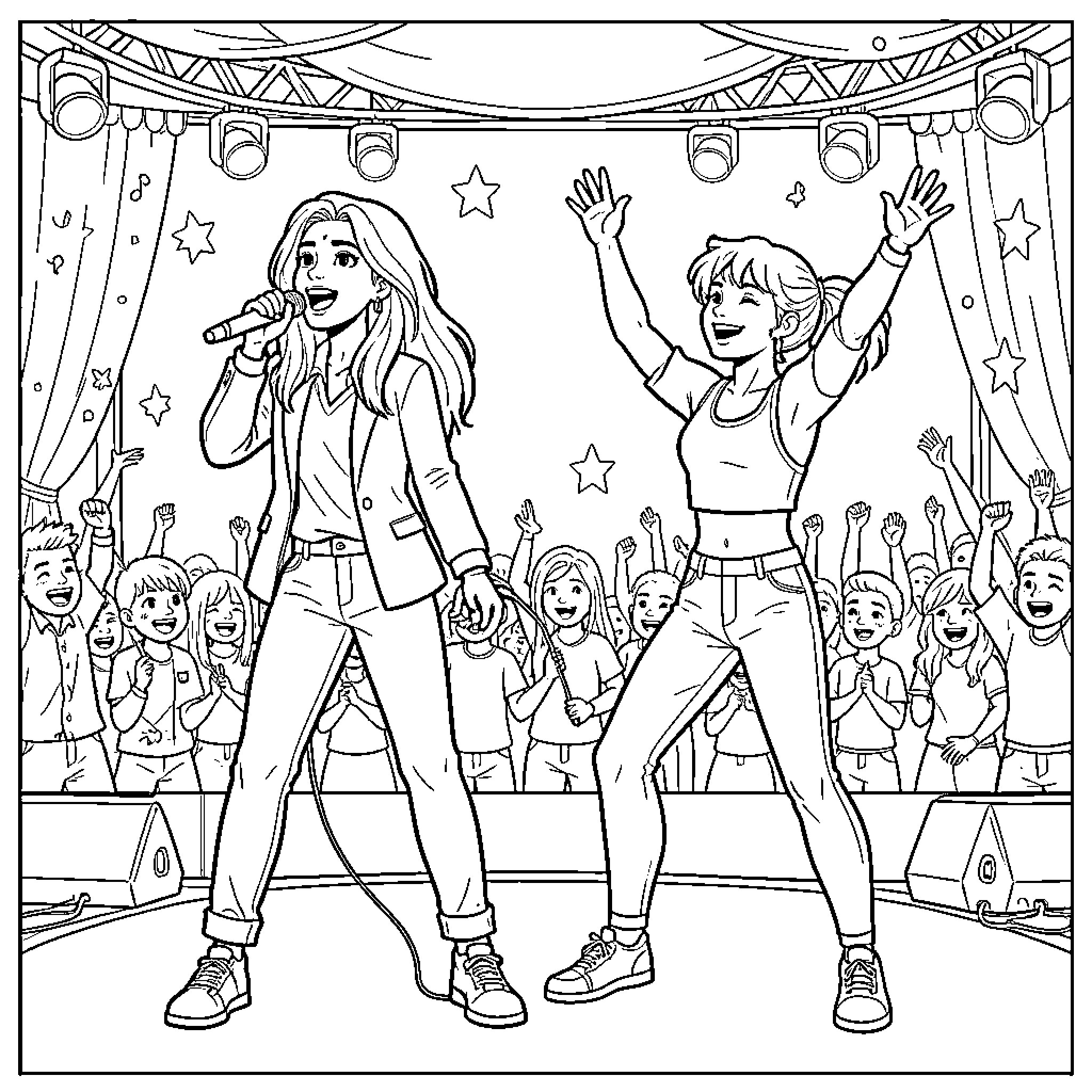 Louane and a friend performing songs on stage Coloring Page (free black-and-white line drawing printable PDF for all, from beginners to advanced learners, including children, teens, adults, and seniors)