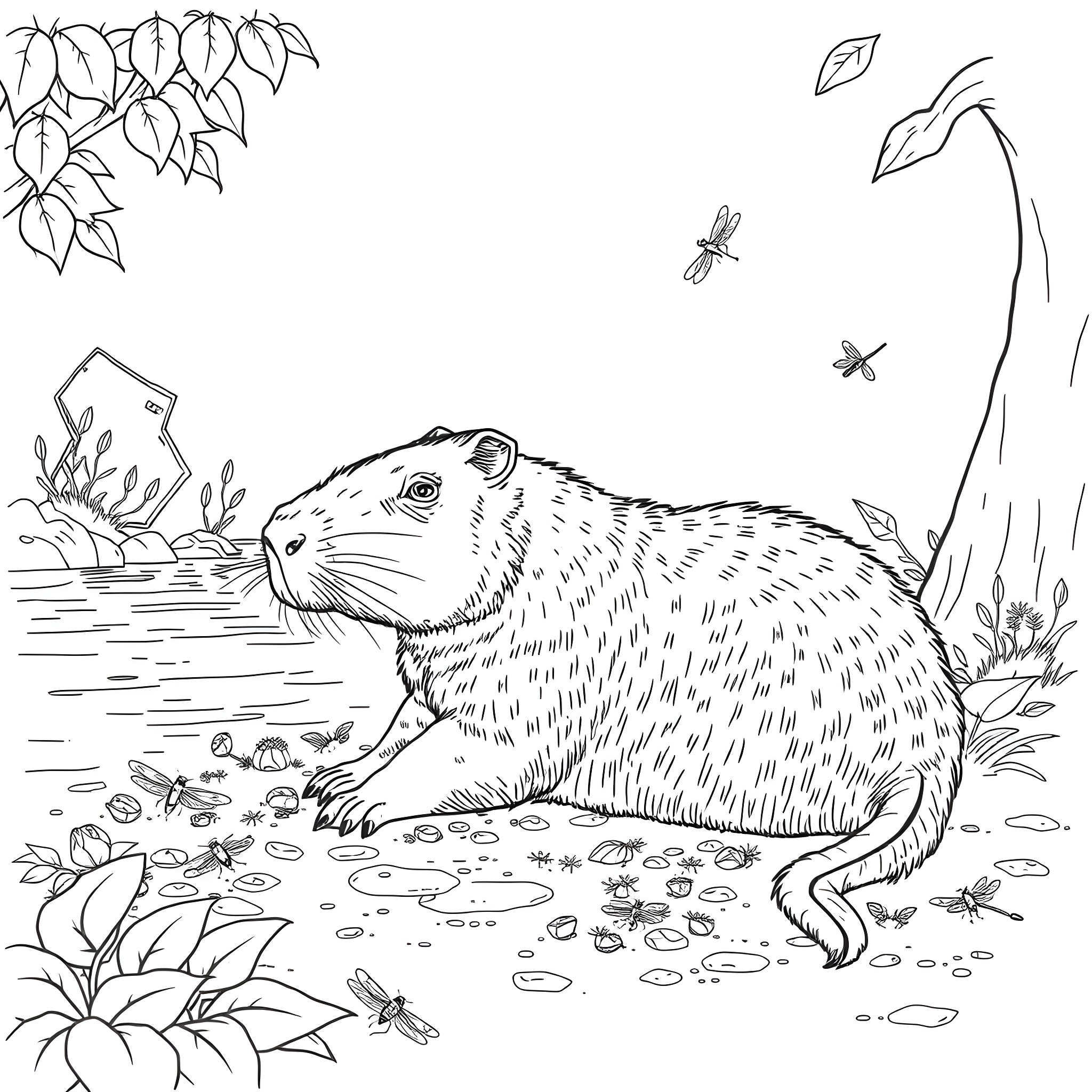 Capybara enjoying the nature scenery Coloring Page (free black-and-white line drawing printable PDF for all, from beginners to advanced learners, including children, teens, adults, and seniors)