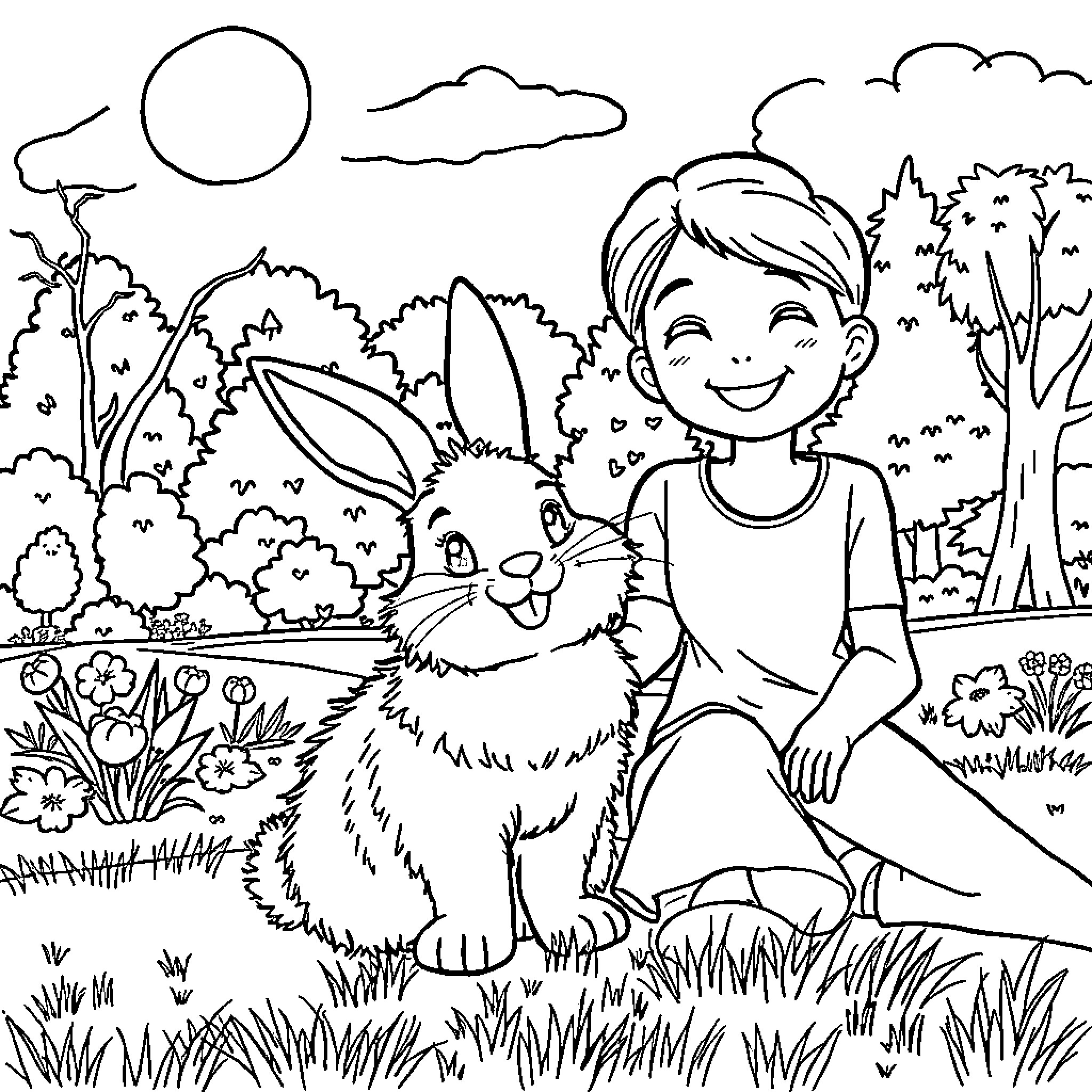 Bunny and happy child playing in the garden Coloring Page (free black-and-white line drawing printable PDF for all, from beginners to advanced learners, including children, teens, adults, and seniors)