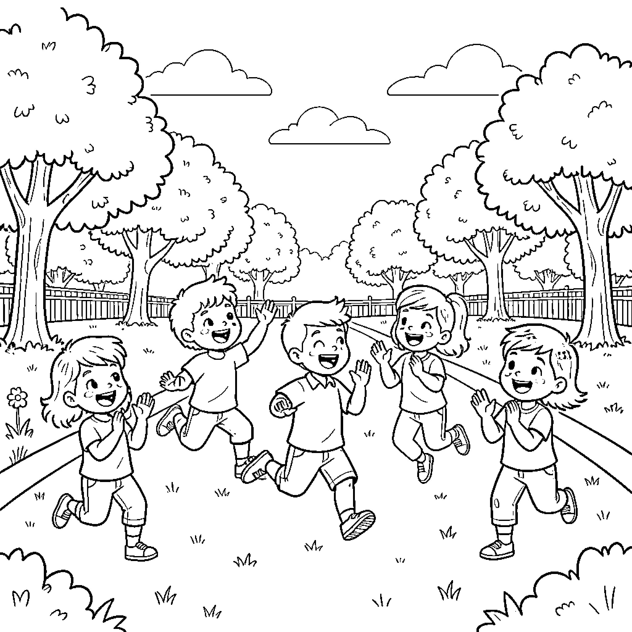 Child playing happily with friends in the park Coloring Page (free black-and-white line drawing printable PDF for all, from beginners to advanced learners, including children, teens, adults, and seniors)