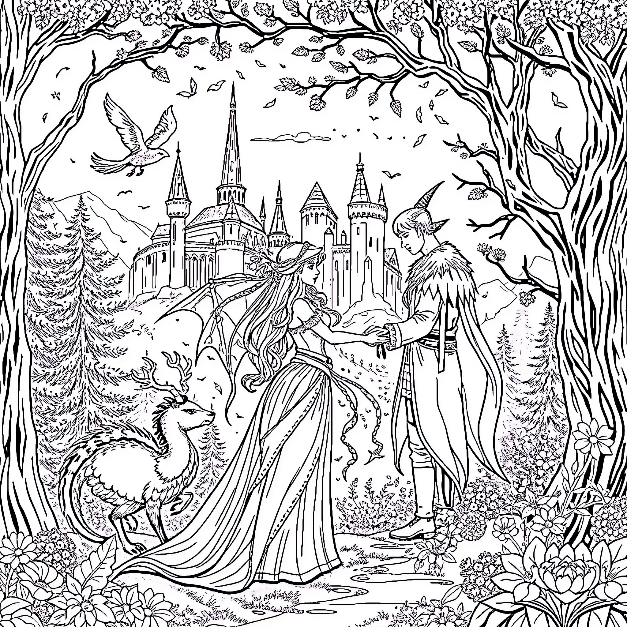 Fantasy Fairytale Castle with Mythical Creatures Coloring Page (free black-and-white line drawing printable PDF for all, from beginners to advanced learners, including children, teens, adults, and seniors)
