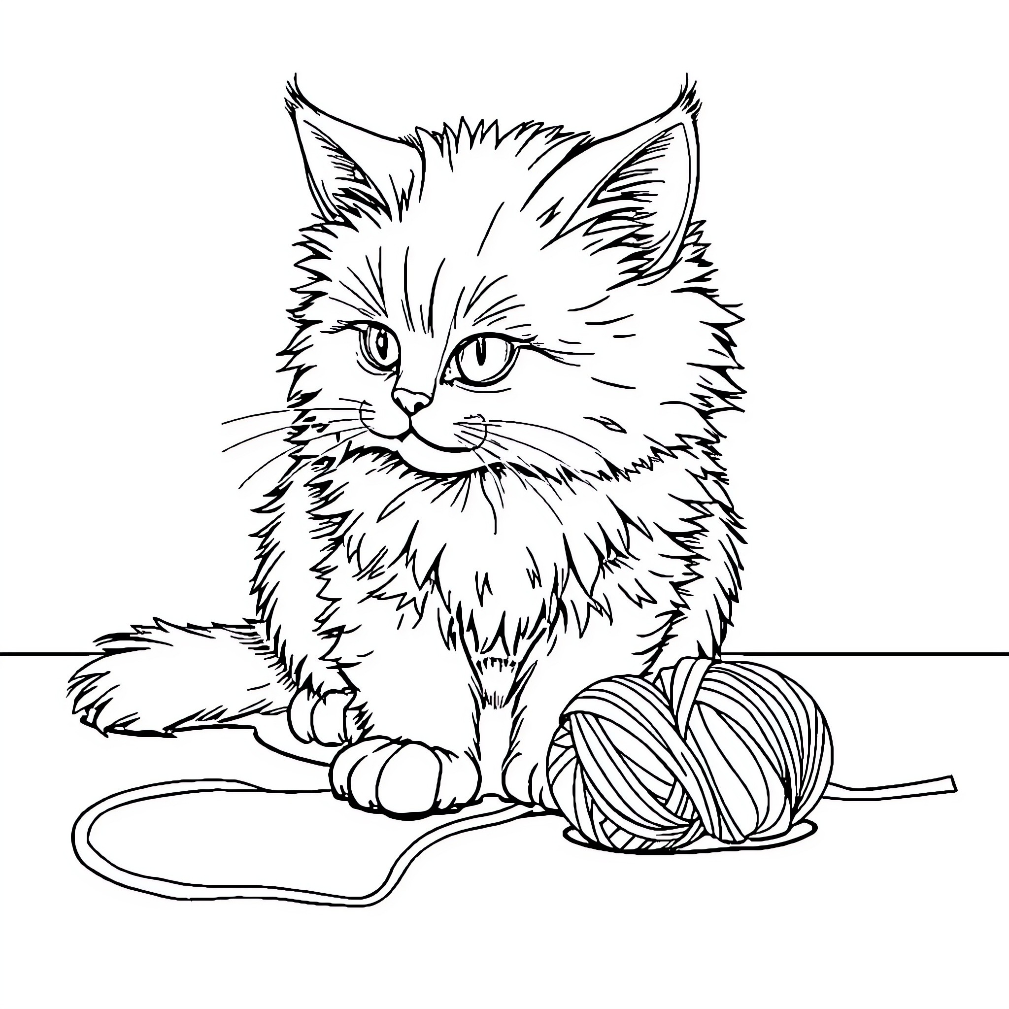 Cat playing with yarn ball Coloring Page (free black-and-white line drawing printable PDF for all, from beginners to advanced learners, including children, teens, adults, and seniors)