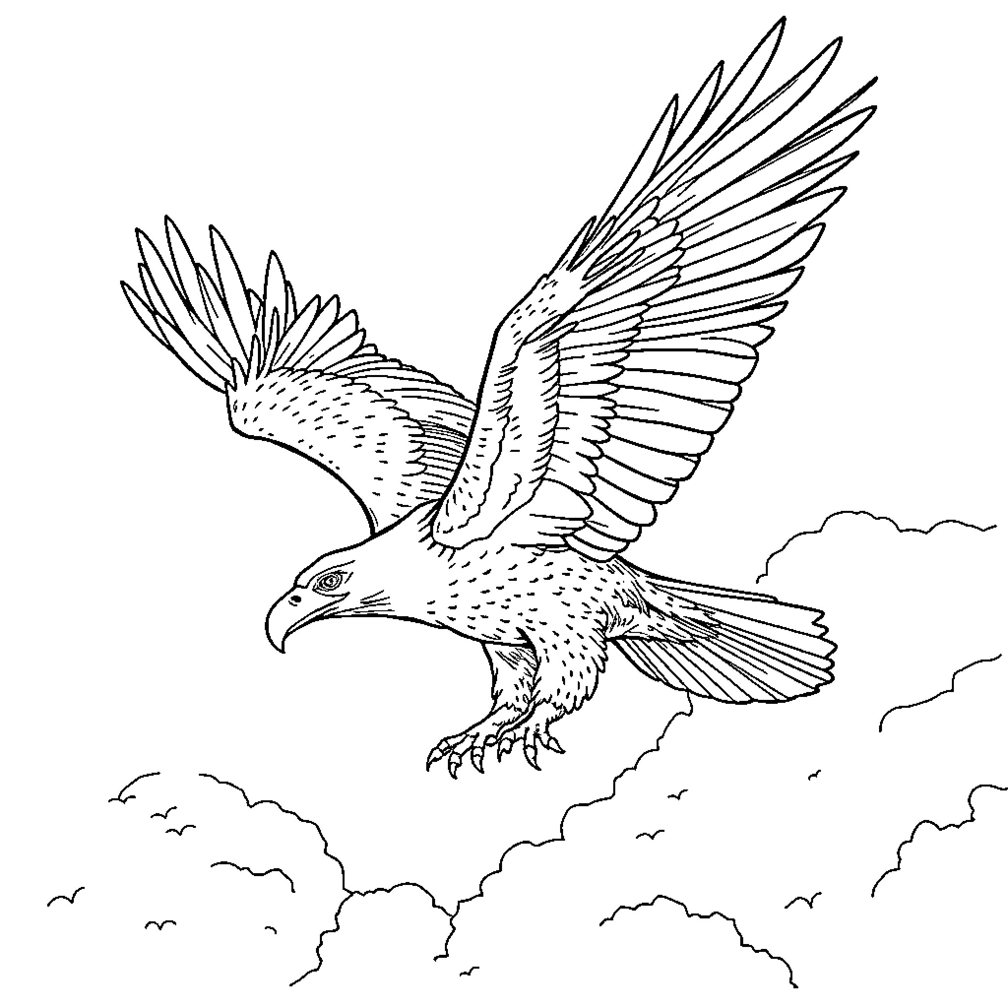 Eagle soaring through cloudy skies Coloring Page (free black-and-white line drawing printable PDF for all, from beginners to advanced learners, including children, teens, adults, and seniors)