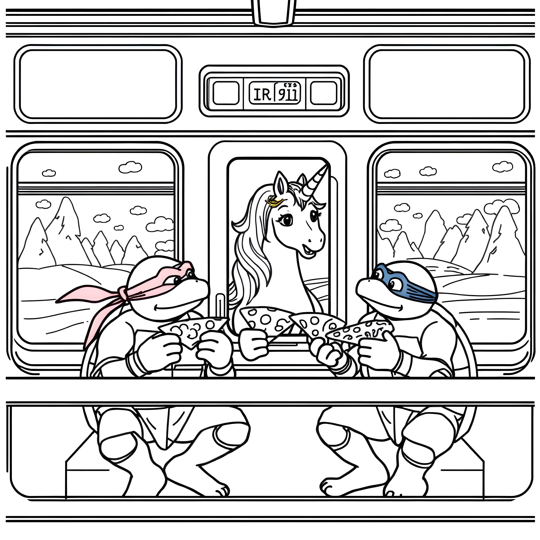Teenage Mutant Ninja Turtles on a Train Adventure with Unicorn Coloring Page (free black-and-white line drawing printable PDF for all, from beginners to advanced learners, including children, teens, adults, and seniors)