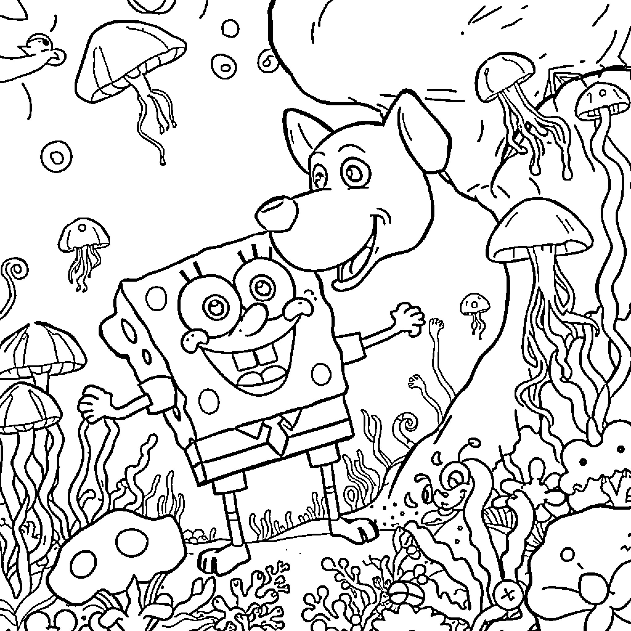 Dogman's Underwater Adventure with Whimsical Creatures Coloring Page (free black-and-white line drawing printable PDF for all, from beginners to advanced learners, including children, teens, adults, and seniors)