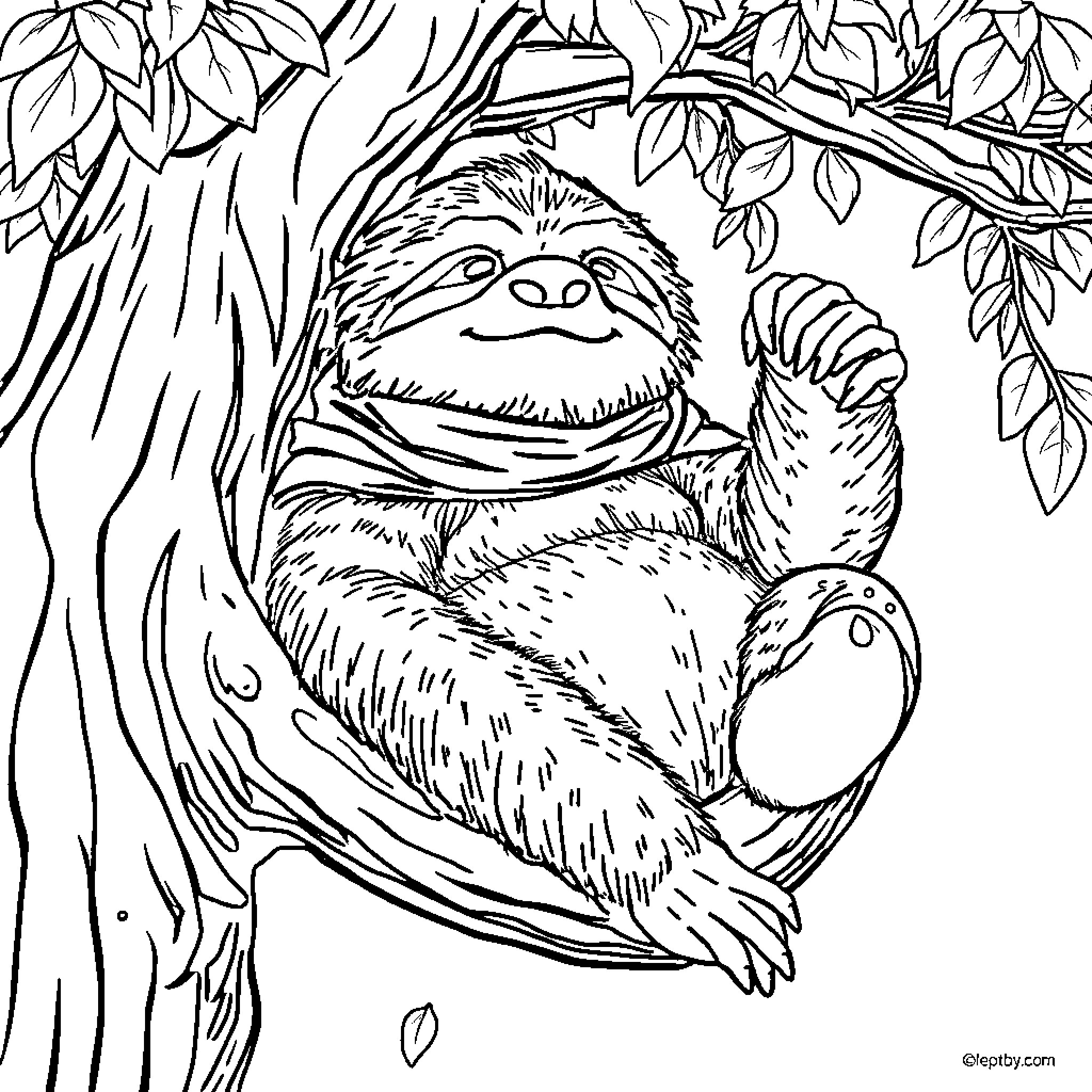 Sloth relaxing peacefully in a lush forest Coloring Page (free black-and-white line drawing printable PDF for all, from beginners to advanced learners, including children, teens, adults, and seniors)