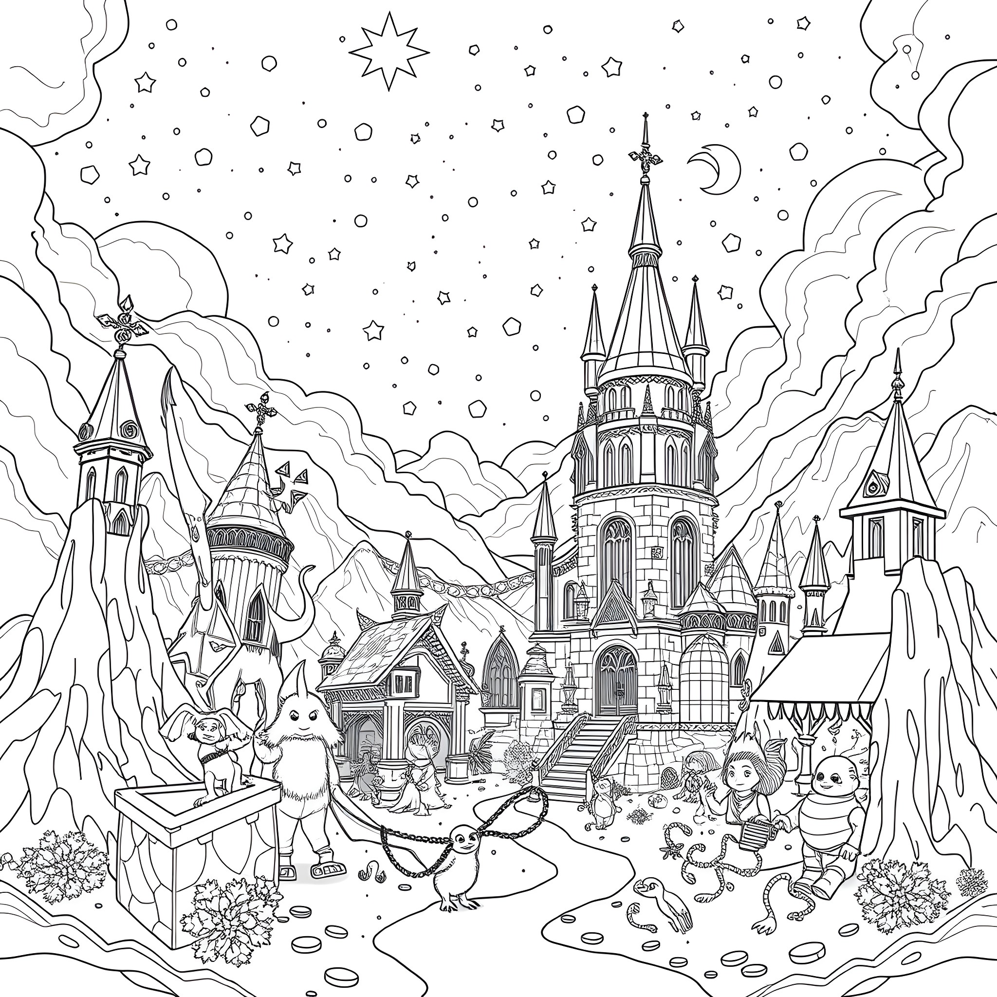 Lego fantasy scene with magical creatures and castle Coloring Page (free black-and-white line drawing printable PDF for all, from beginners to advanced learners, including children, teens, adults, and seniors)