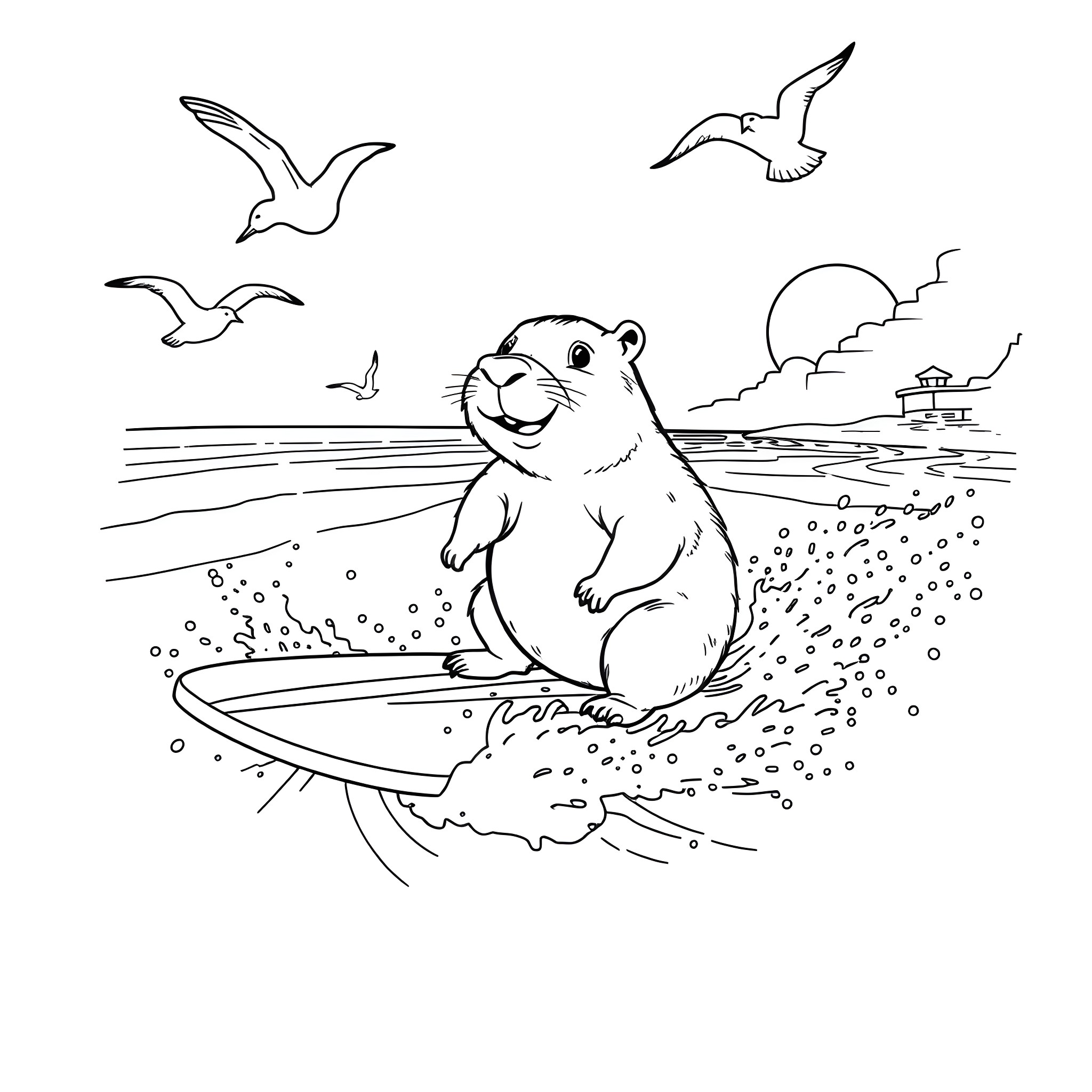 Capybara enjoying a day at the beach Coloring Page (free black-and-white line drawing printable PDF for all, from beginners to advanced learners, including children, teens, adults, and seniors)