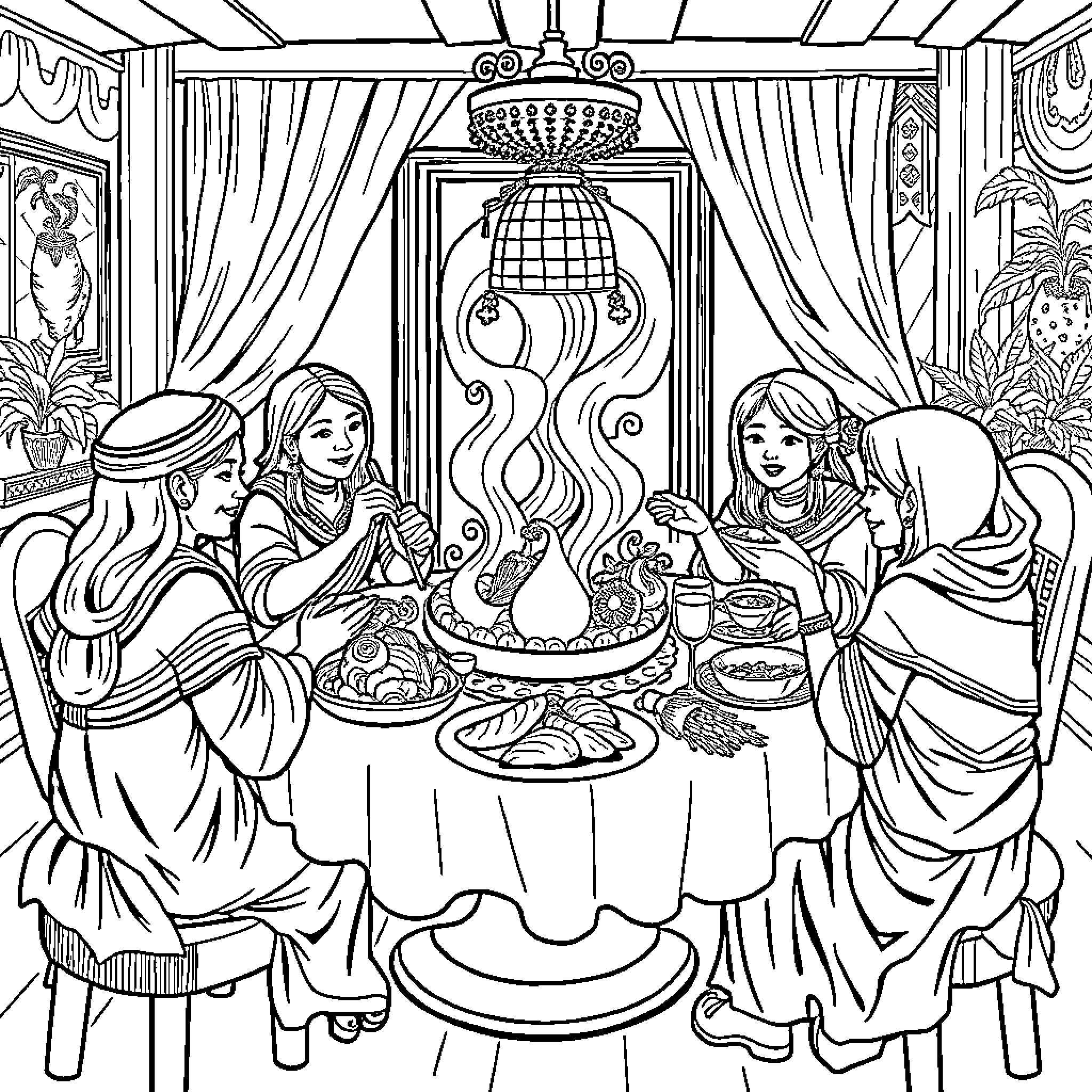 Tuntuntun Elegant Dining with Ornate Decor Coloring Page (free black-and-white line drawing printable PDF for all, from beginners to advanced learners, including children, teens, adults, and seniors)