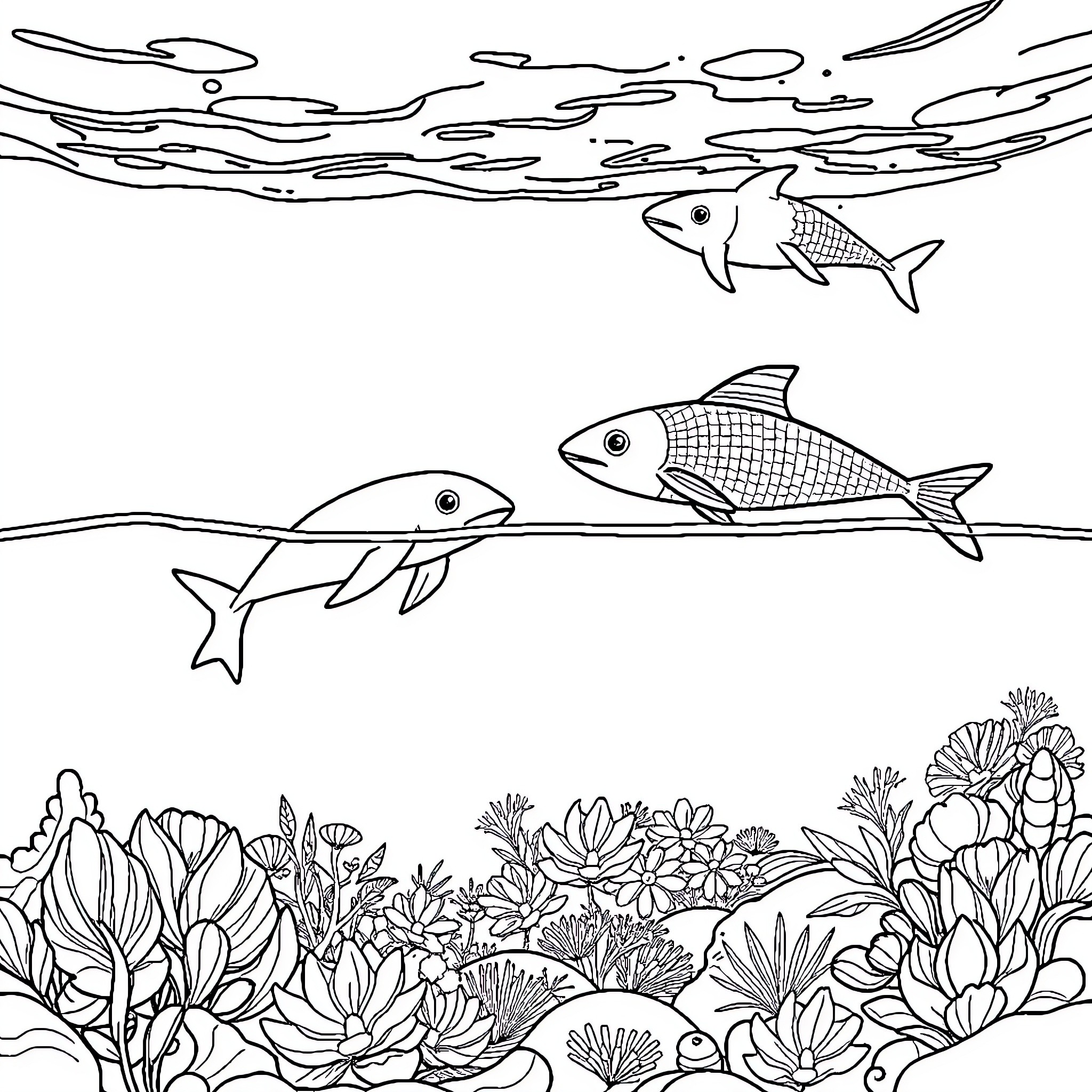 Animal fish swimming in underwater floral scenery Coloring Page (free black-and-white line drawing printable PDF for all, from beginners to advanced learners, including children, teens, adults, and seniors)