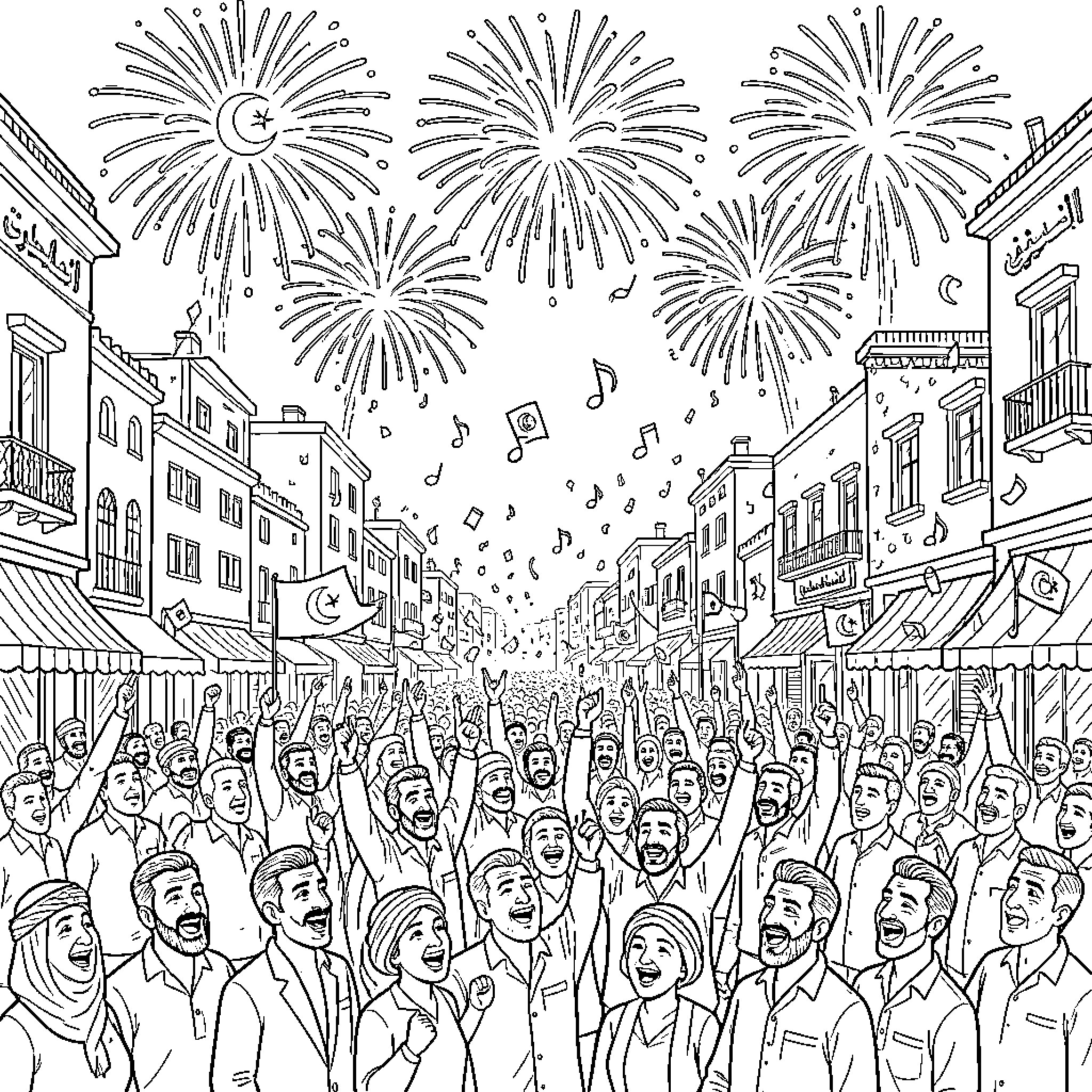 Algerian Independence celebration with joyful crowds and fireworks Coloring Page (free black-and-white line drawing printable PDF for all, from beginners to advanced learners, including children, teens, adults, and seniors)