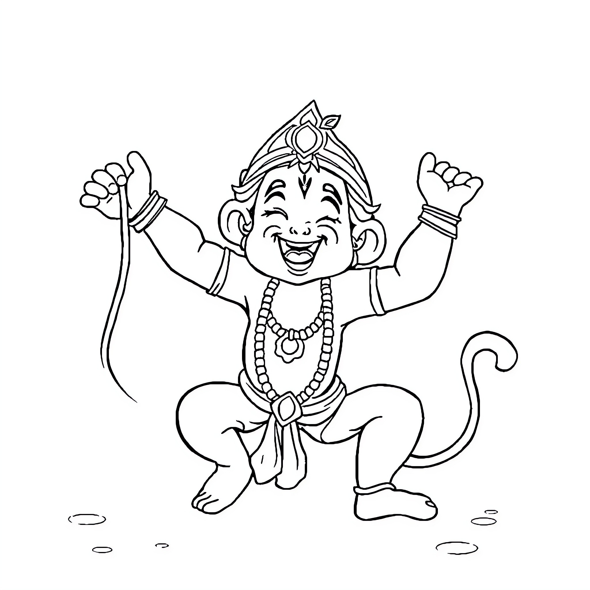 Hanuman joyfully dancing with outstretched arms Coloring Page (free black-and-white line drawing printable PDF for all, from beginners to advanced learners, including children, teens, adults, and seniors)