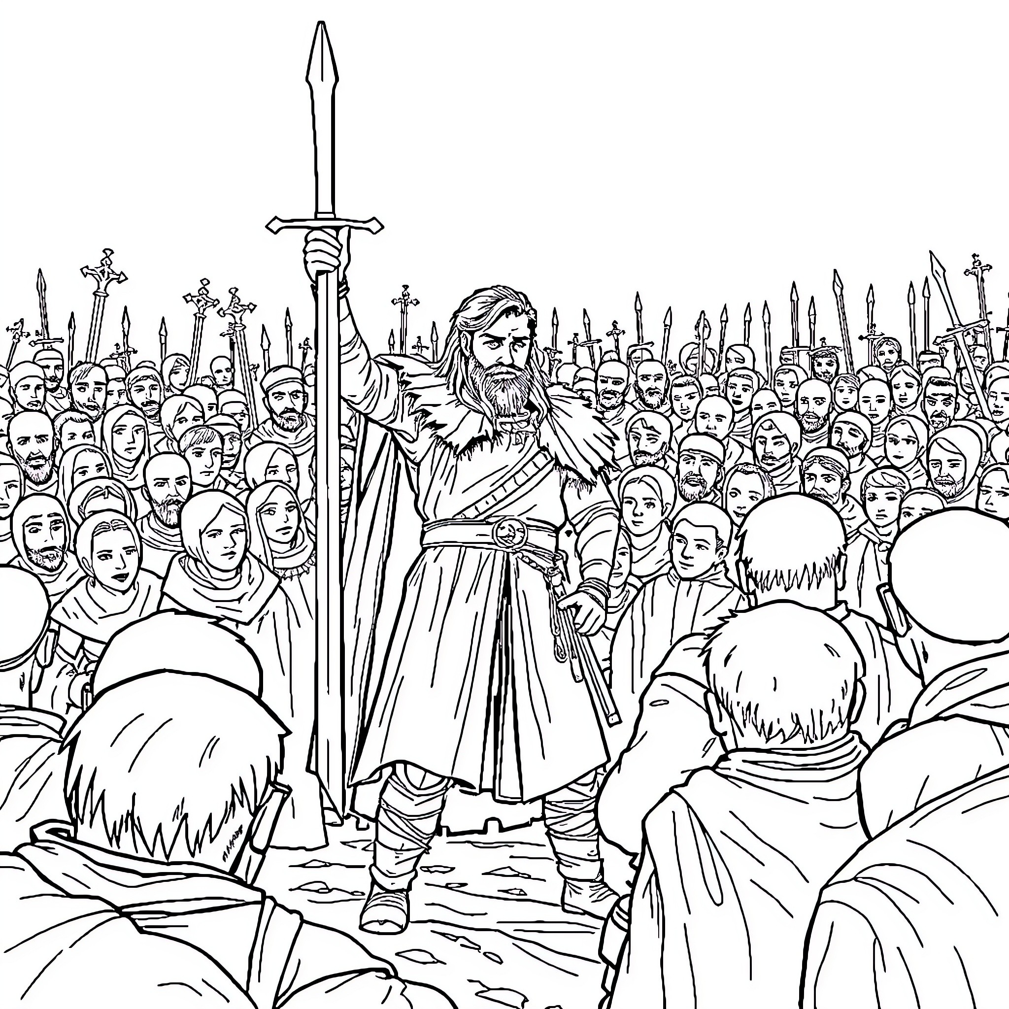 Ned Stark leading a crowd in battle attire Coloring Page (free black-and-white line drawing printable PDF for all, from beginners to advanced learners, including children, teens, adults, and seniors)