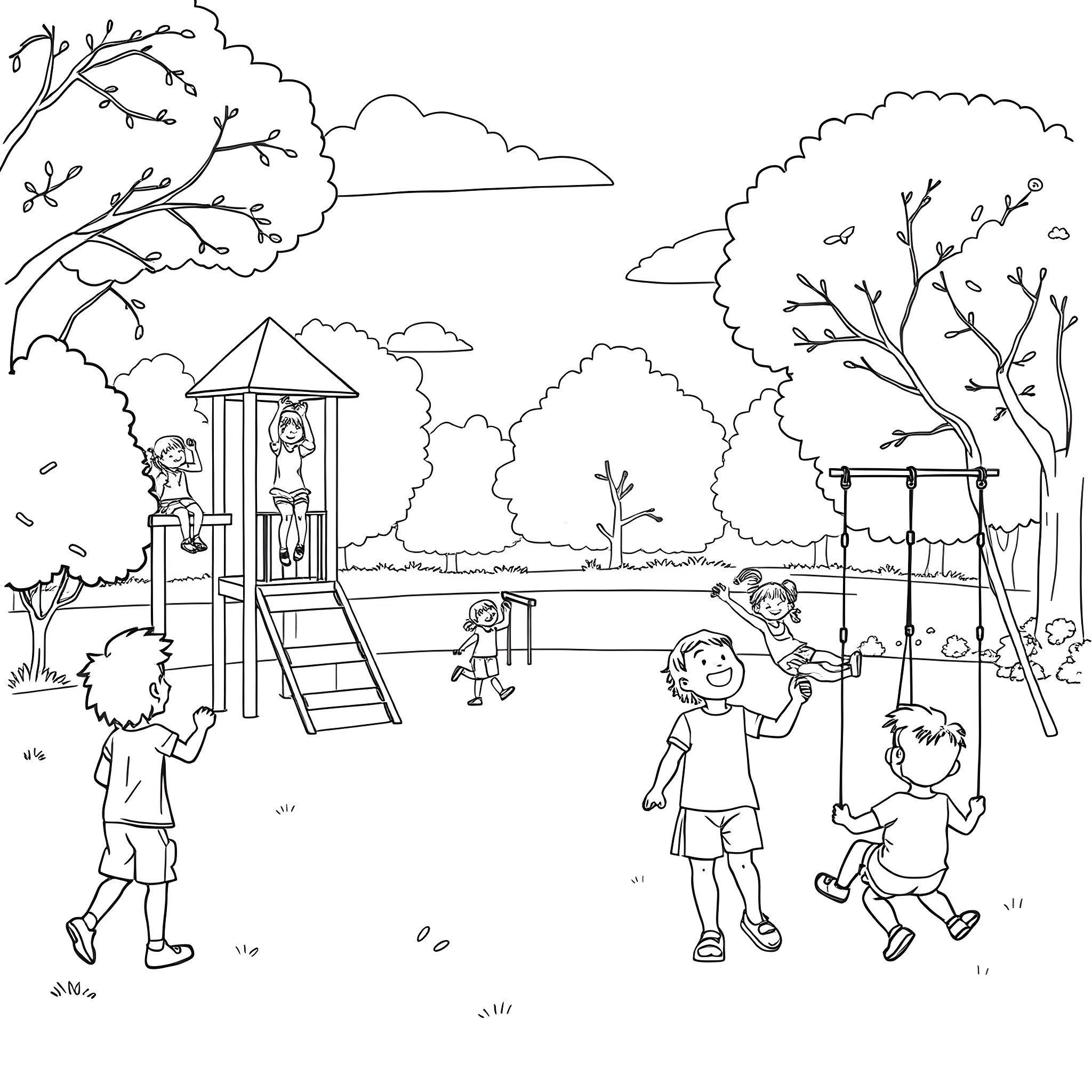 Kids playing happily at the playground Coloring Page (free black-and-white line drawing printable PDF for all, from beginners to advanced learners, including children, teens, adults, and seniors)