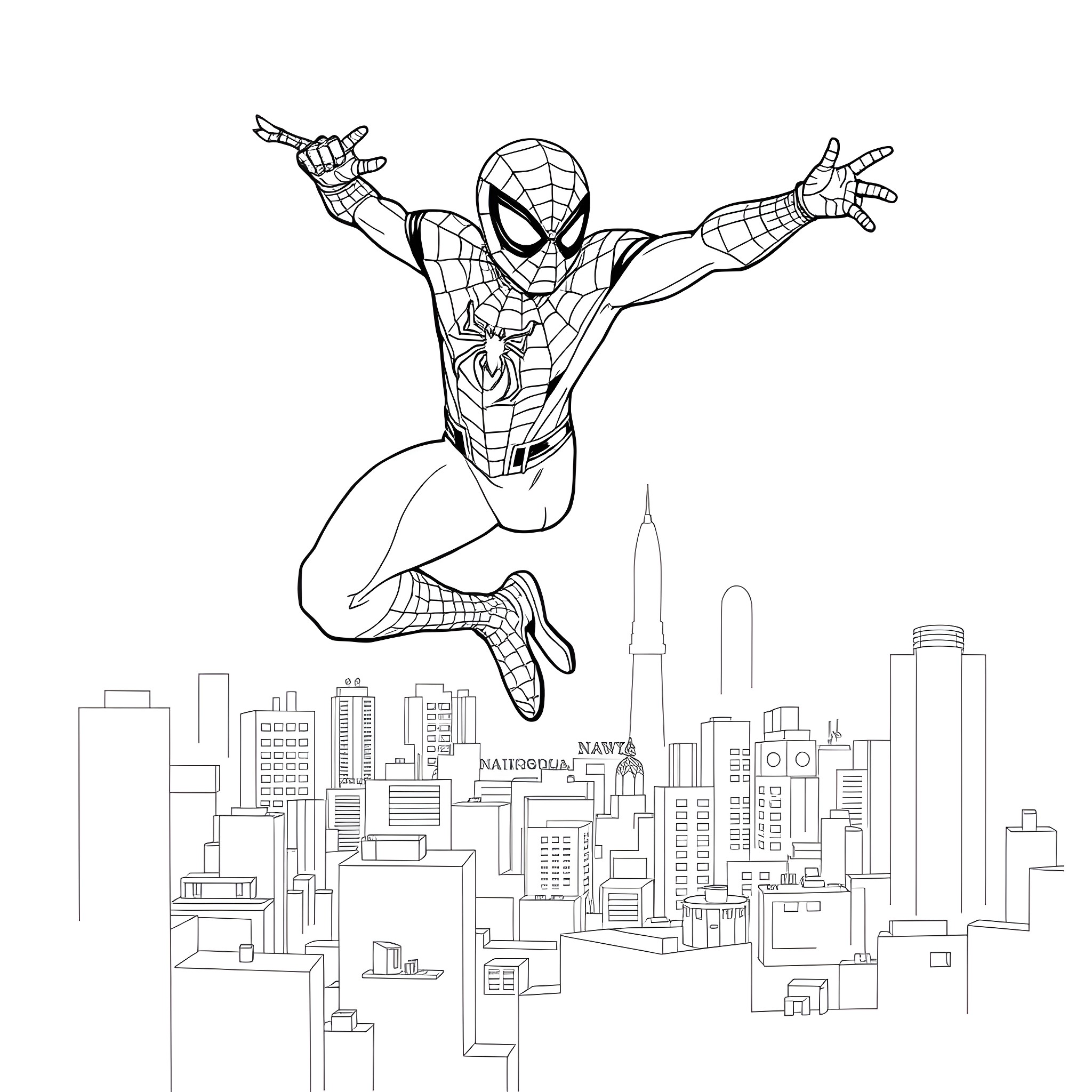 Spider-Man swinging heroically through the city skyline Coloring Page (free black-and-white line drawing printable PDF for all, from beginners to advanced learners, including children, teens, adults, and seniors)