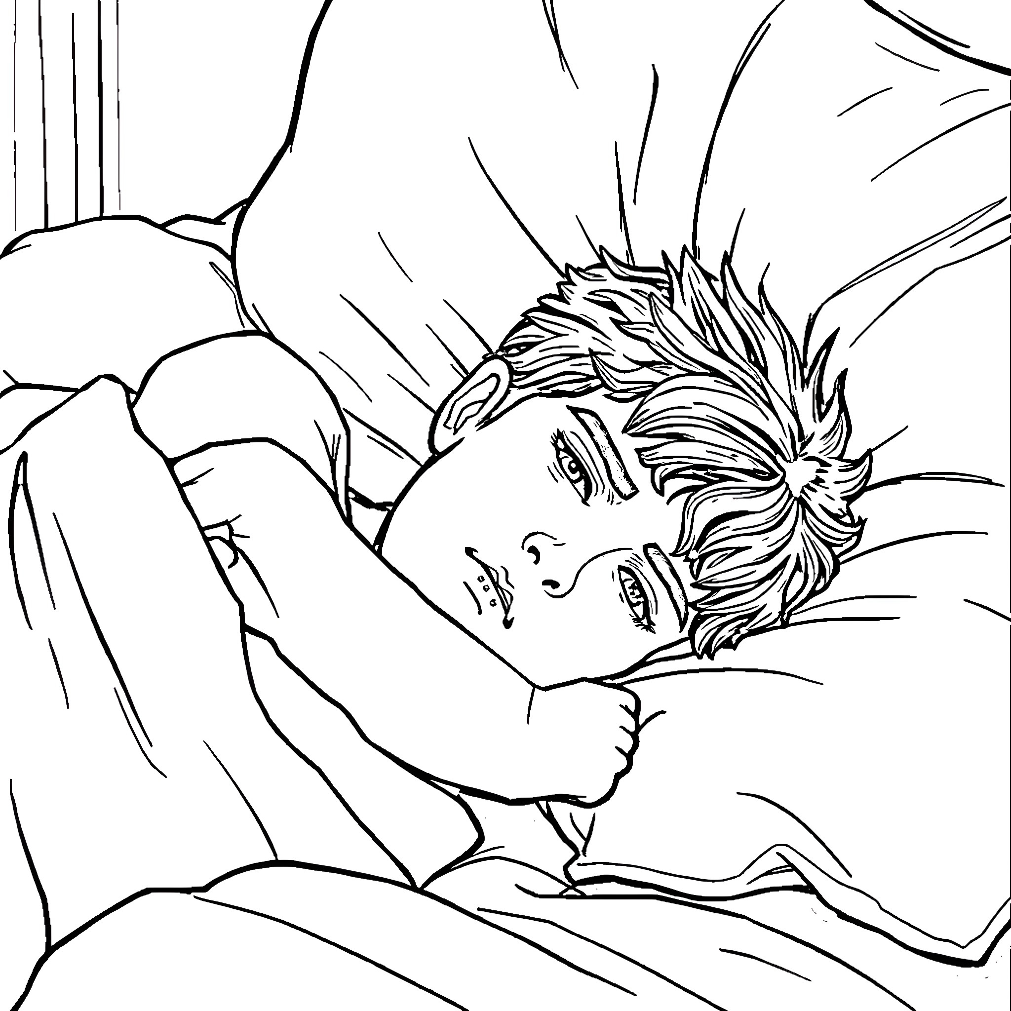 Percy Jackson resting peacefully in bed Coloring Page (free black-and-white line drawing printable PDF for all, from beginners to advanced learners, including children, teens, adults, and seniors)