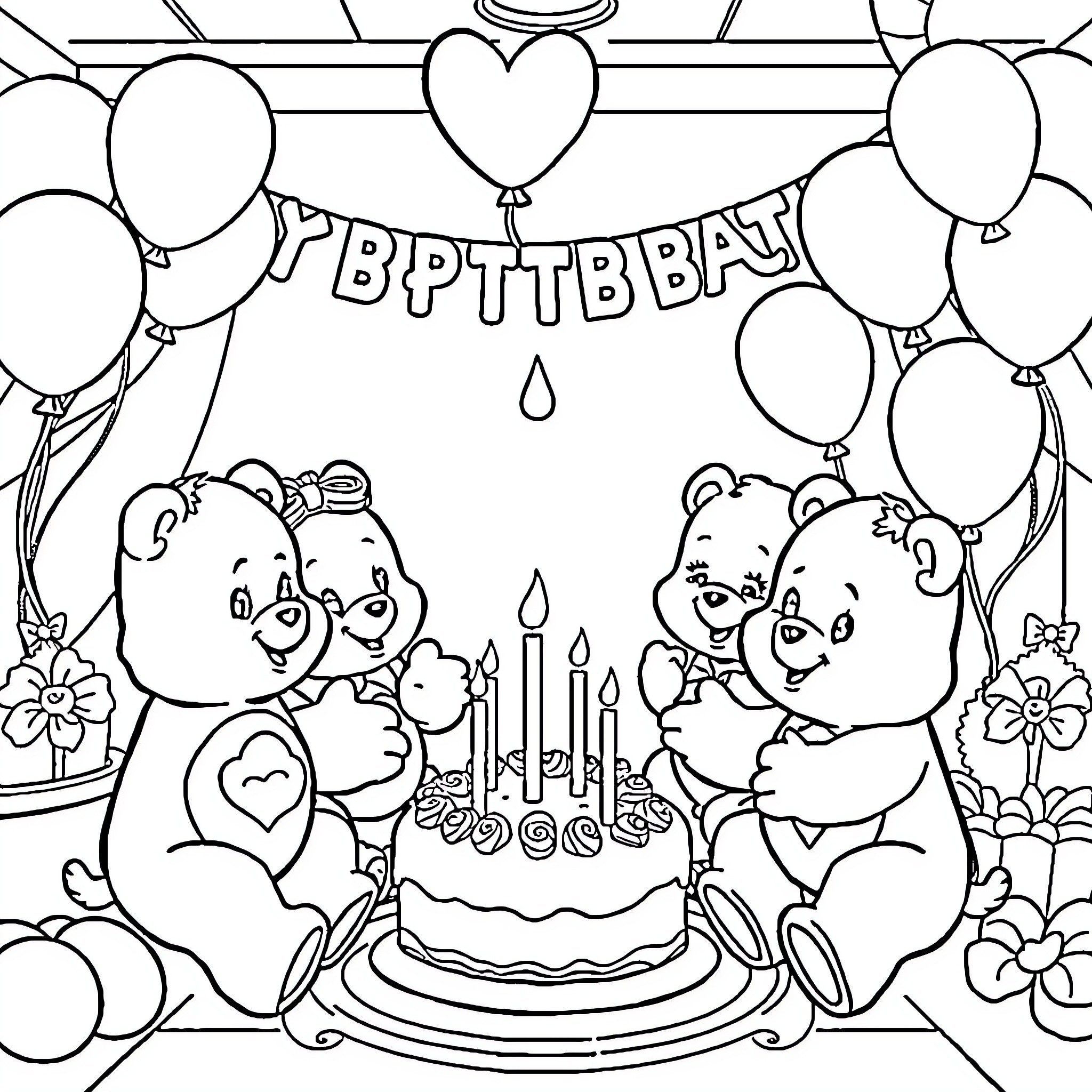 Care Bears celebrating a birthday party Coloring Page (free black-and-white line drawing printable PDF for all, from beginners to advanced learners, including children, teens, adults, and seniors)
