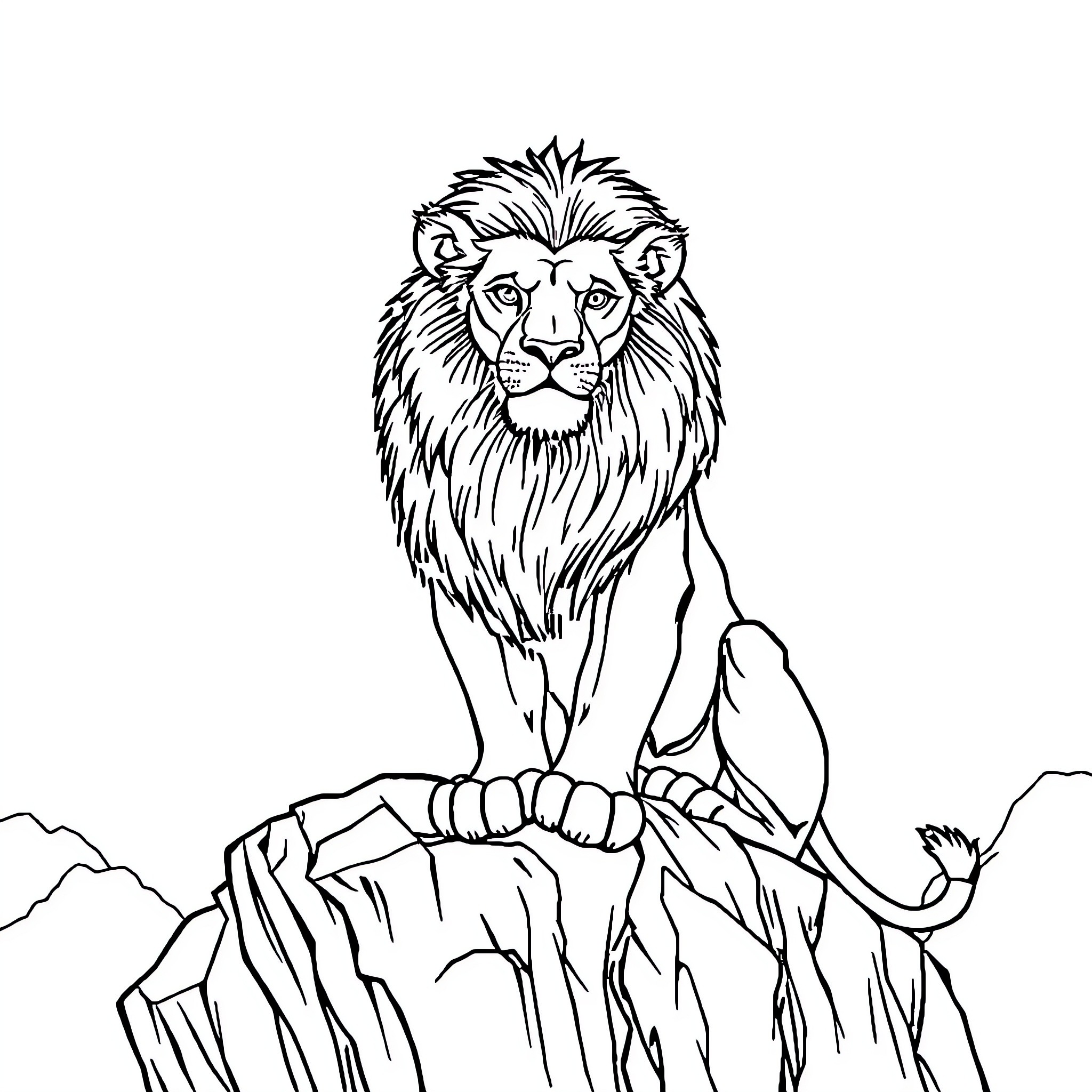 Lion Roaring Fiercely on Rocky Ledge Coloring Page (free black-and-white line drawing printable PDF for all, from beginners to advanced learners, including children, teens, adults, and seniors)