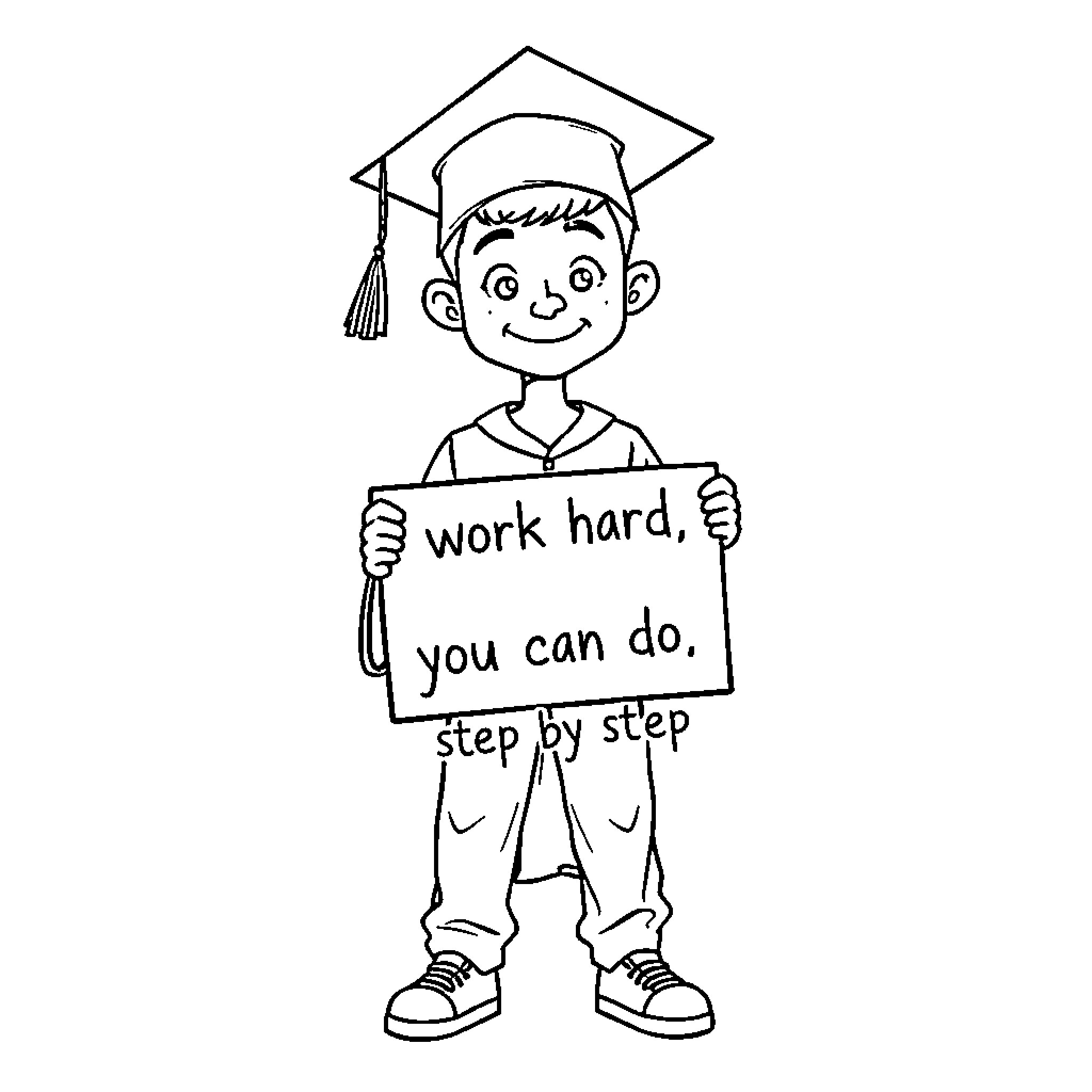 Graduate achieves academic success with determination Coloring Page (free black-and-white line drawing printable PDF for all, from beginners to advanced learners, including children, teens, adults, and seniors)