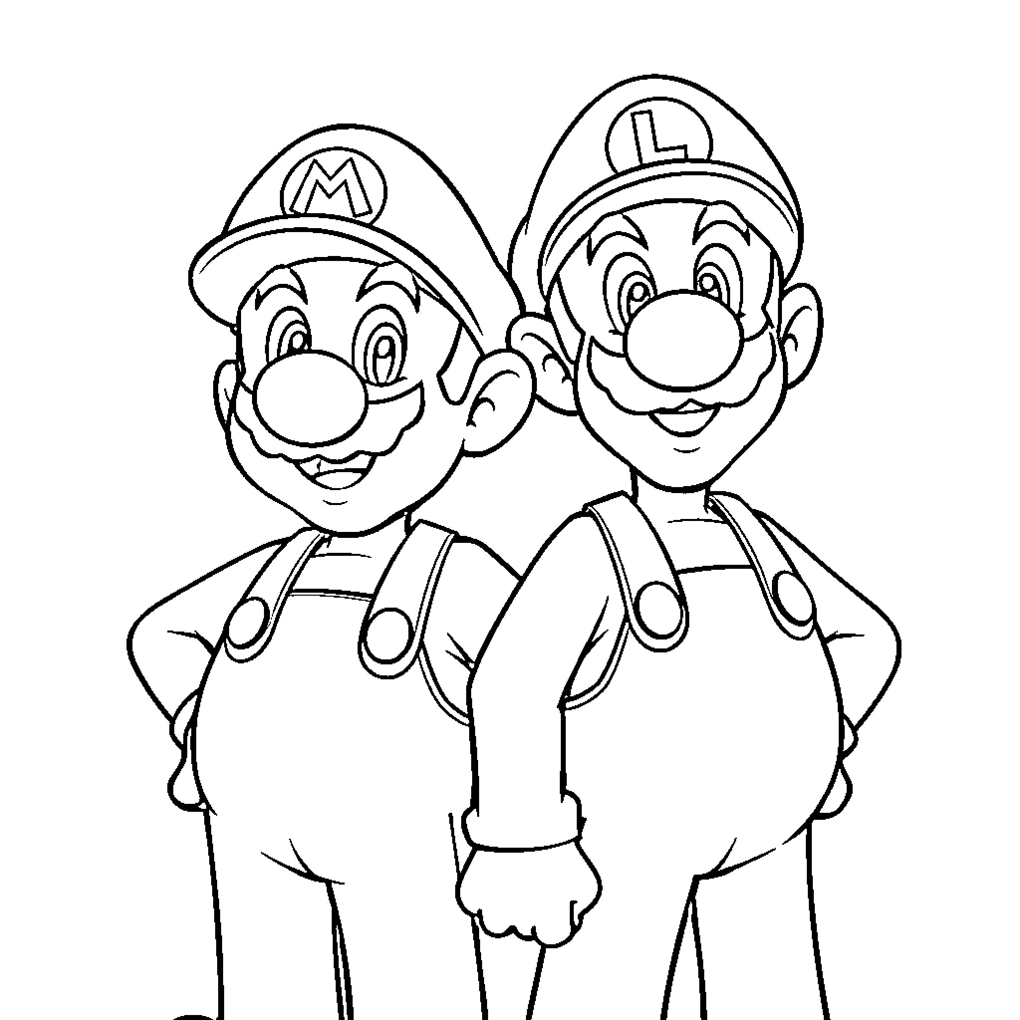 Mario Brothers posing happily together Coloring Page (free black-and-white line drawing printable PDF for all, from beginners to advanced learners, including children, teens, adults, and seniors)