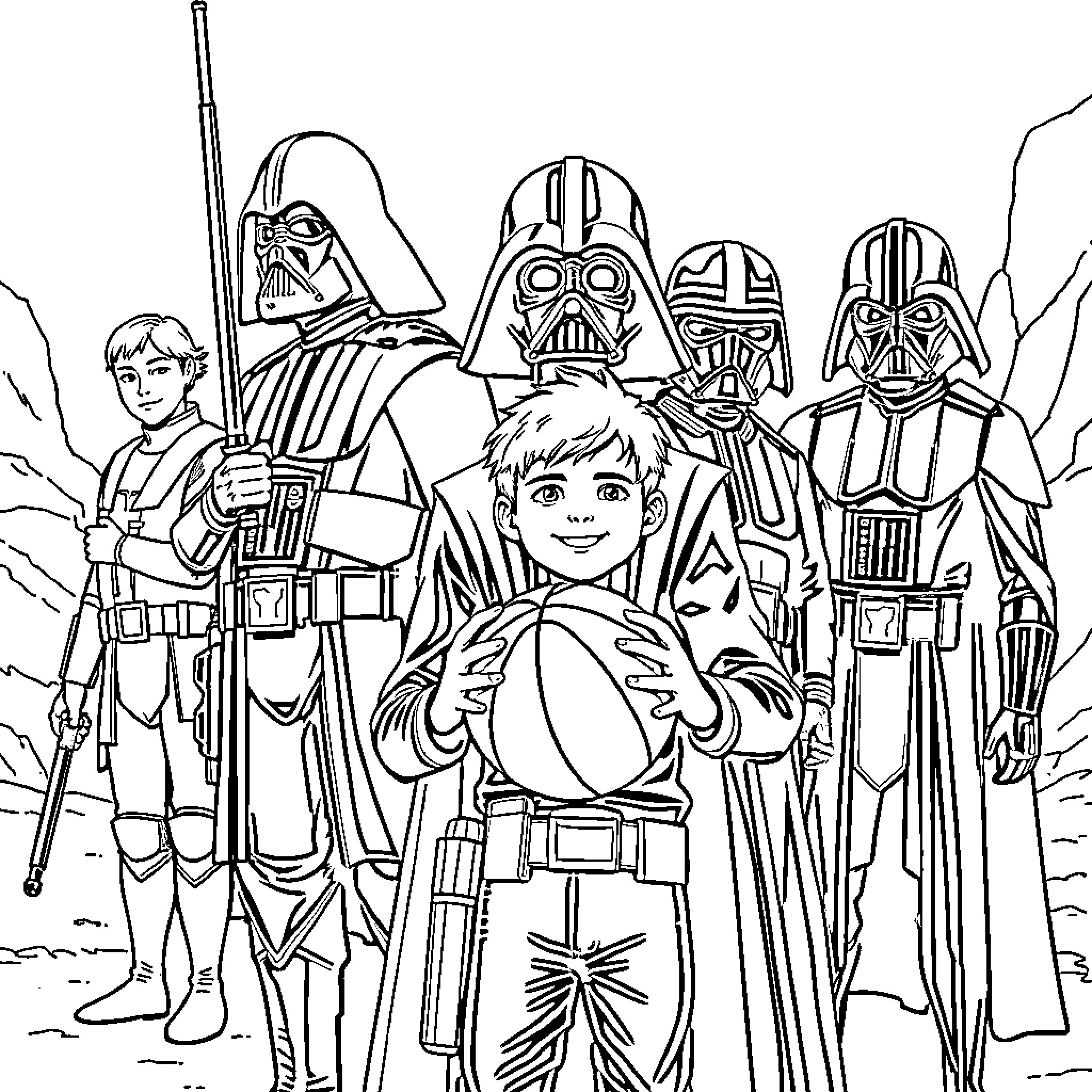 Character Gathering of Sci-Fi Heroes and Villains Coloring Page (free black-and-white line drawing printable PDF for all, from beginners to advanced learners, including children, teens, adults, and seniors)