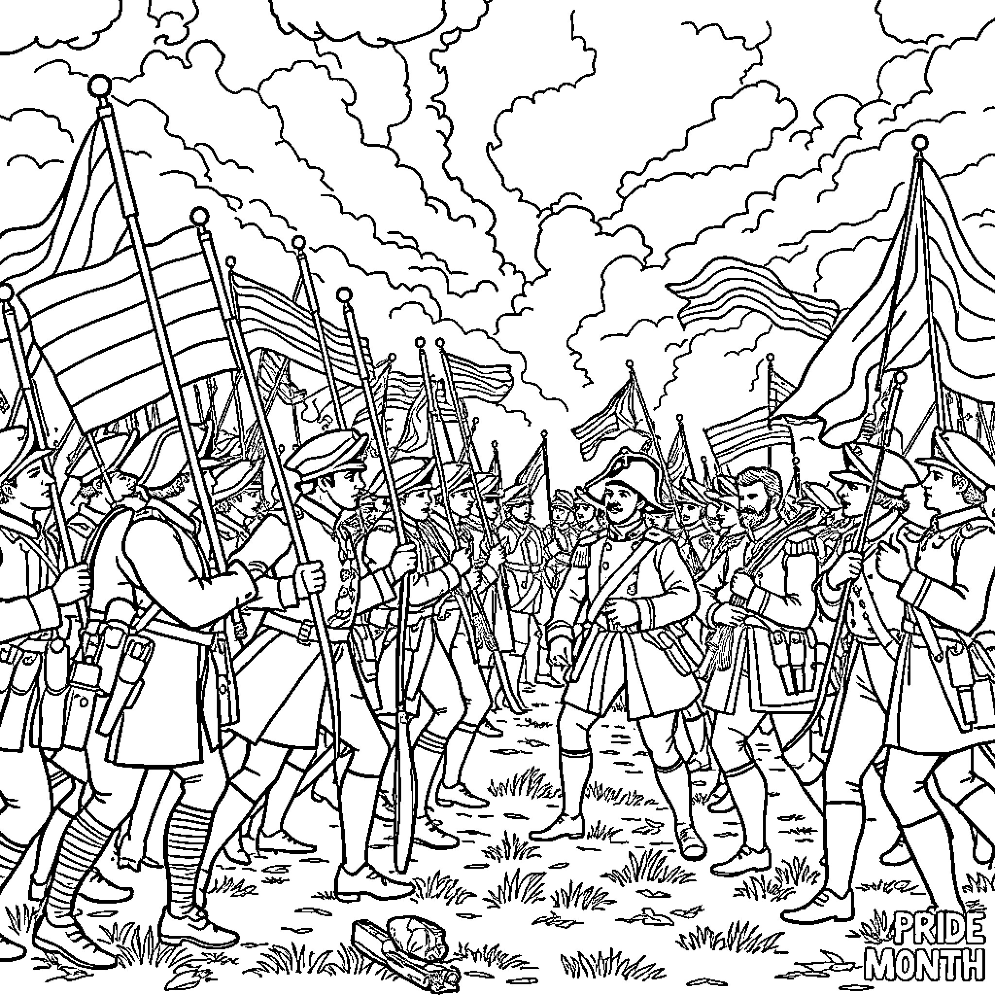 Revolutionary War Soldiers in Tense Battle Formation Coloring Page (free black-and-white line drawing printable PDF for all, from beginners to advanced learners, including children, teens, adults, and seniors)
