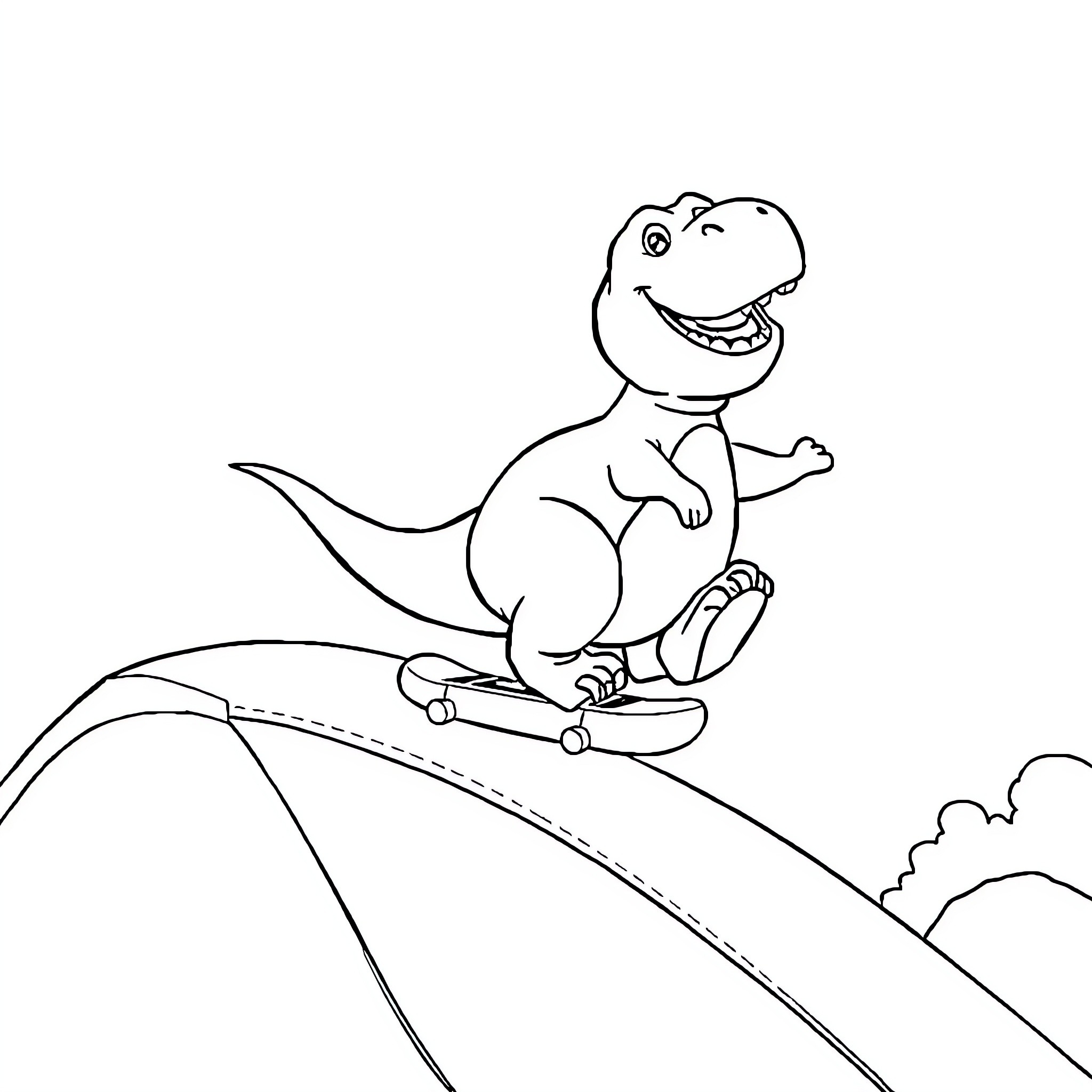 Barney riding a skateboard on a hill Coloring Page (free black-and-white line drawing printable PDF for all, from beginners to advanced learners, including children, teens, adults, and seniors)