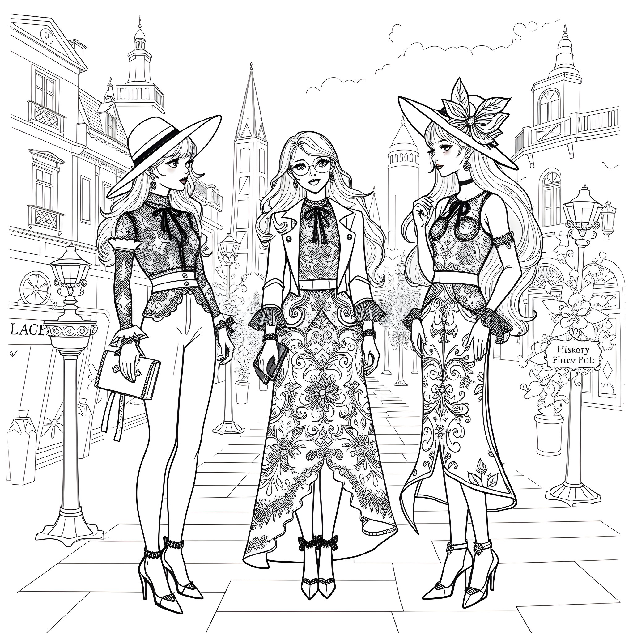 Girls in Fashionable Outfits Exploring the City Coloring Page (free black-and-white line drawing printable PDF for all, from beginners to advanced learners, including children, teens, adults, and seniors)