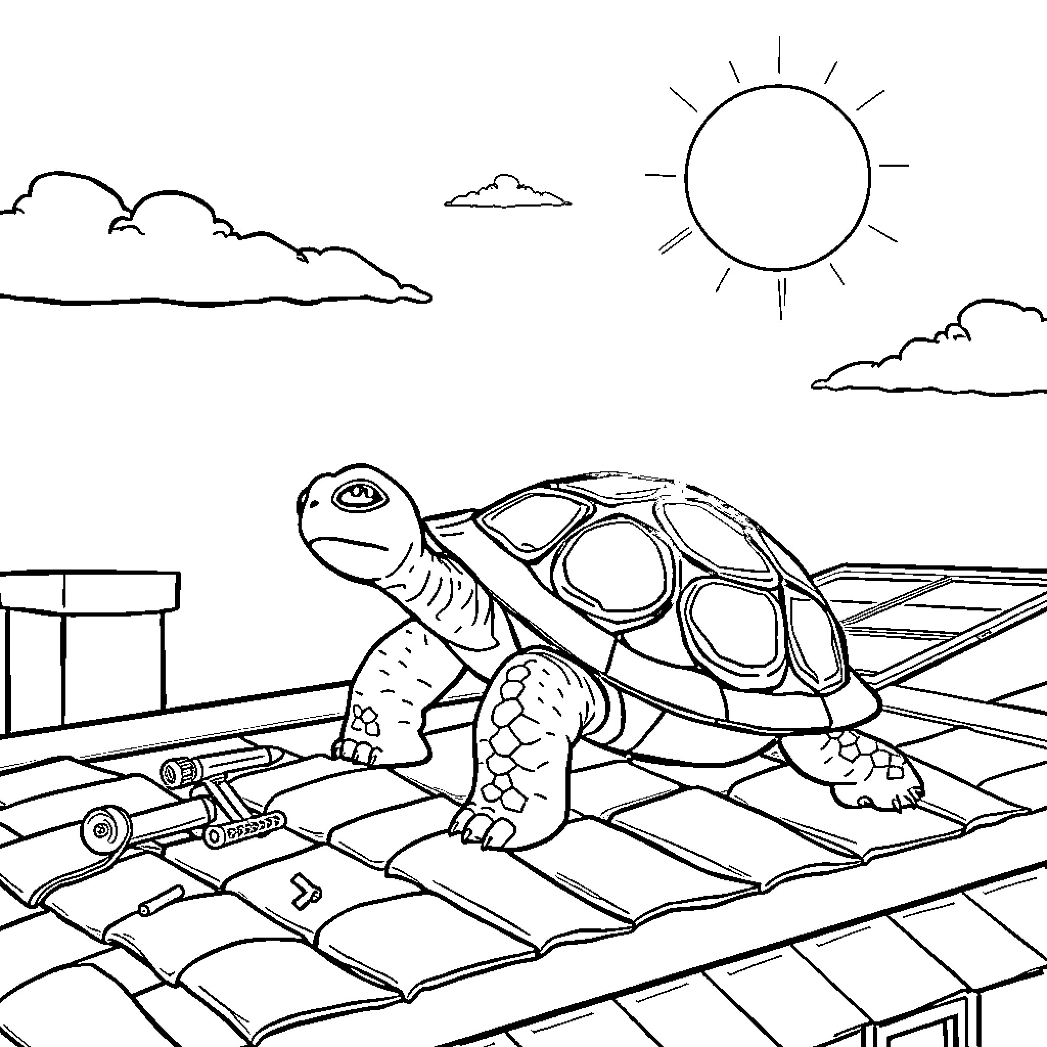 Turtle resting on a rooftop in the sun Coloring Page (free black-and-white line drawing printable PDF for all, from beginners to advanced learners, including children, teens, adults, and seniors)