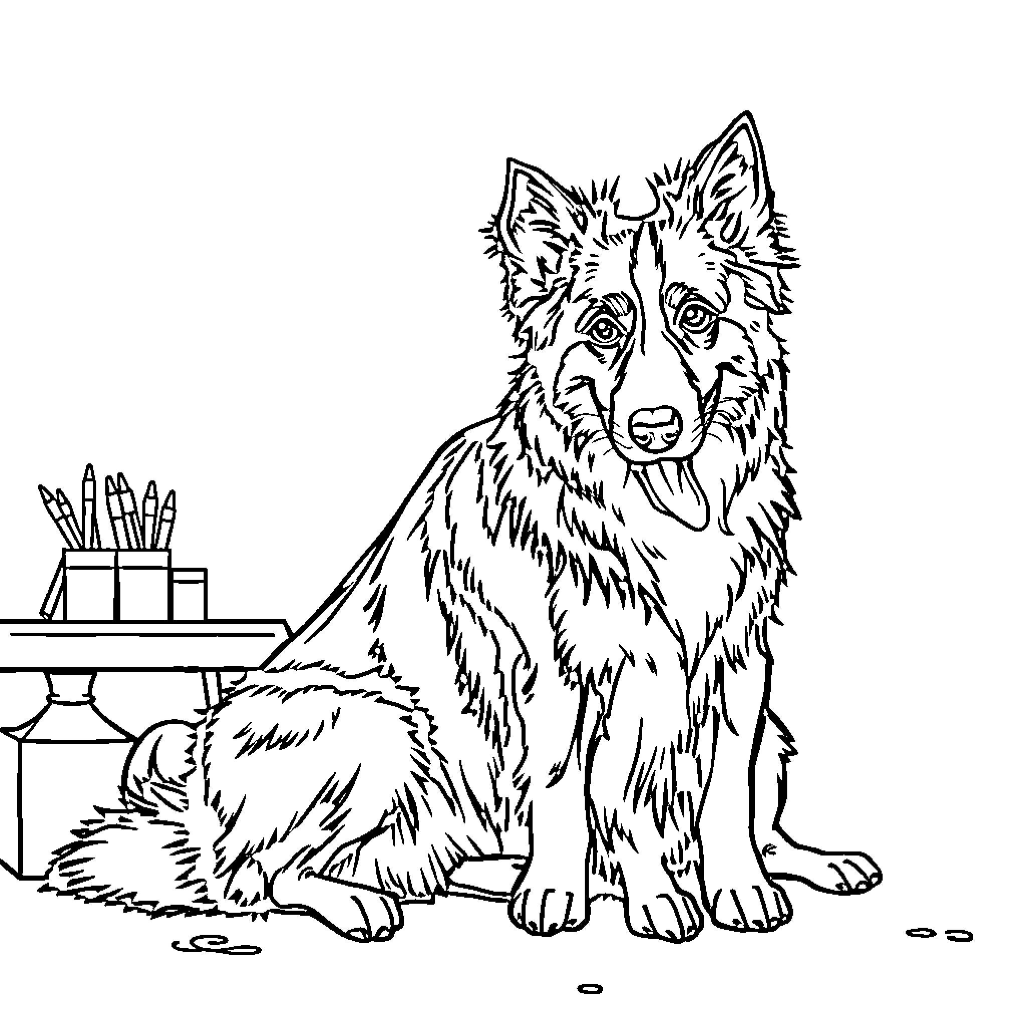 Border Collie sitting in an art studio Coloring Page (free black-and-white line drawing printable PDF for all, from beginners to advanced learners, including children, teens, adults, and seniors)