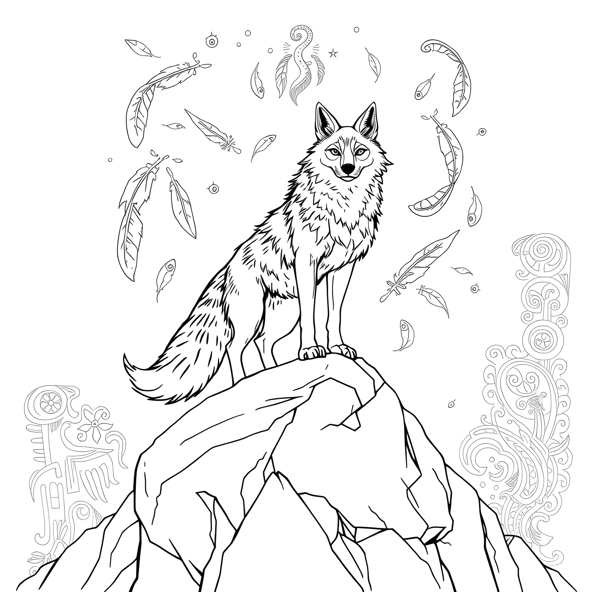 Coyote amid feathered and natural elements Coloring Page (free black-and-white line drawing printable PDF for all, from beginners to advanced learners, including children, teens, adults, and seniors)