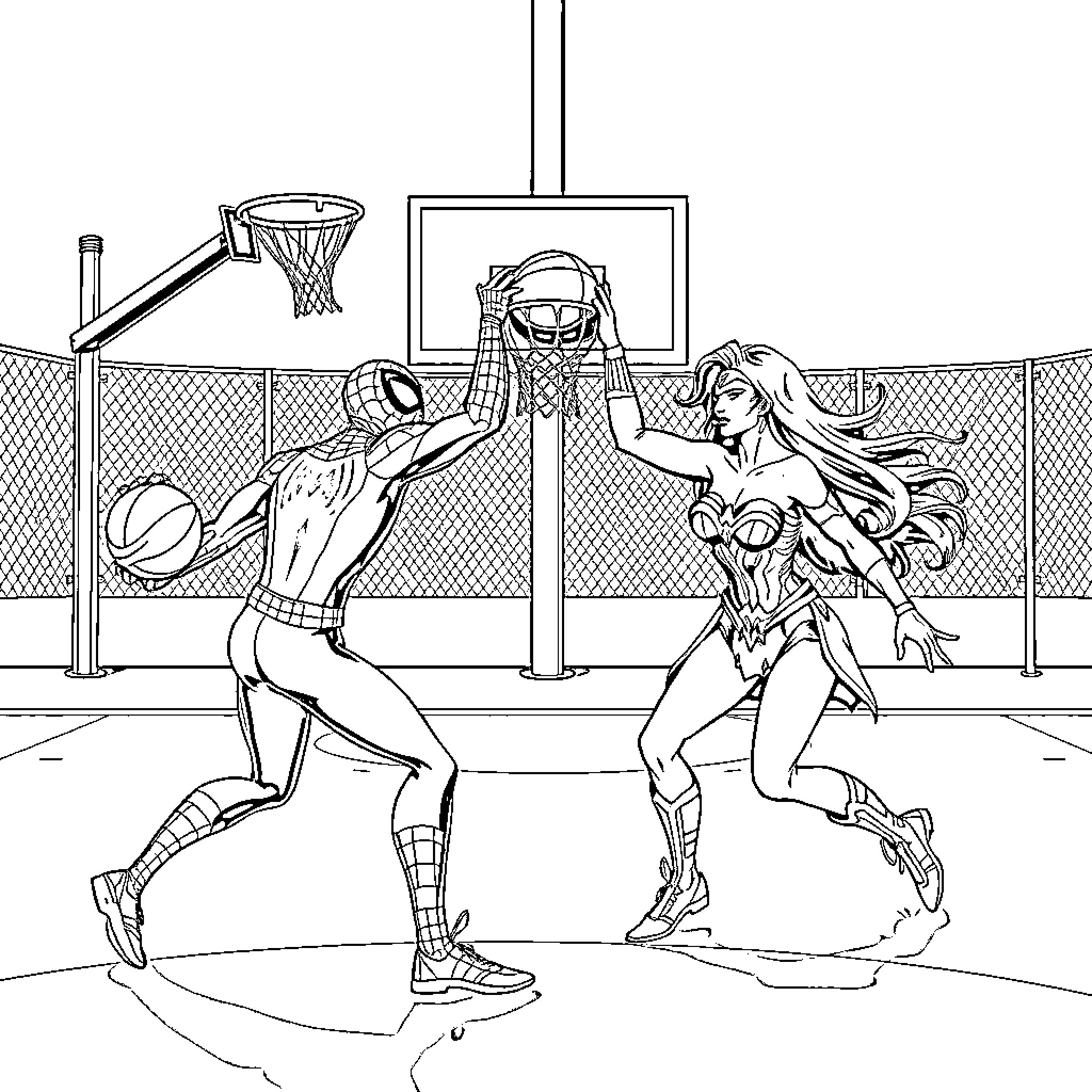 Spiderman playing basketball against a female superhero Coloring Page (free black-and-white line drawing printable PDF for all, from beginners to advanced learners, including children, teens, adults, and seniors)