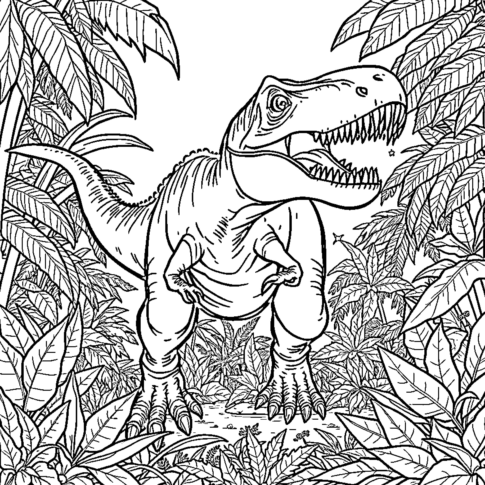 Indominus Rex among lush jungle foliage Coloring Page (free black-and-white line drawing printable PDF for all, from beginners to advanced learners, including children, teens, adults, and seniors)