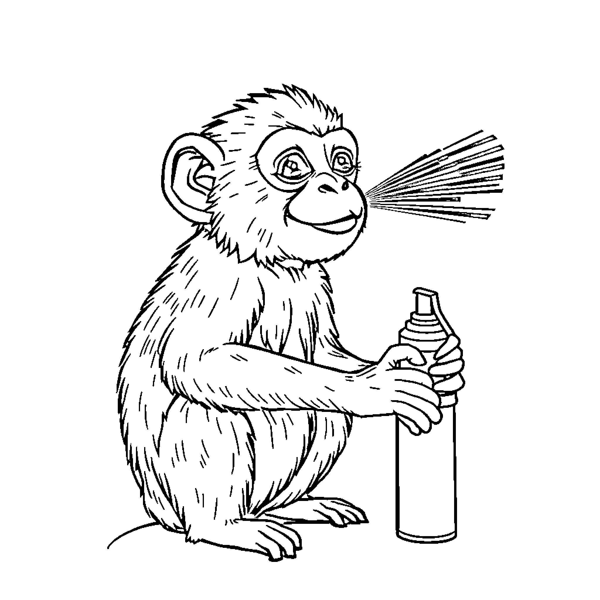 Puppet Monkey Playing with Spray Bottle Coloring Page (free black-and-white line drawing printable PDF for all, from beginners to advanced learners, including children, teens, adults, and seniors)